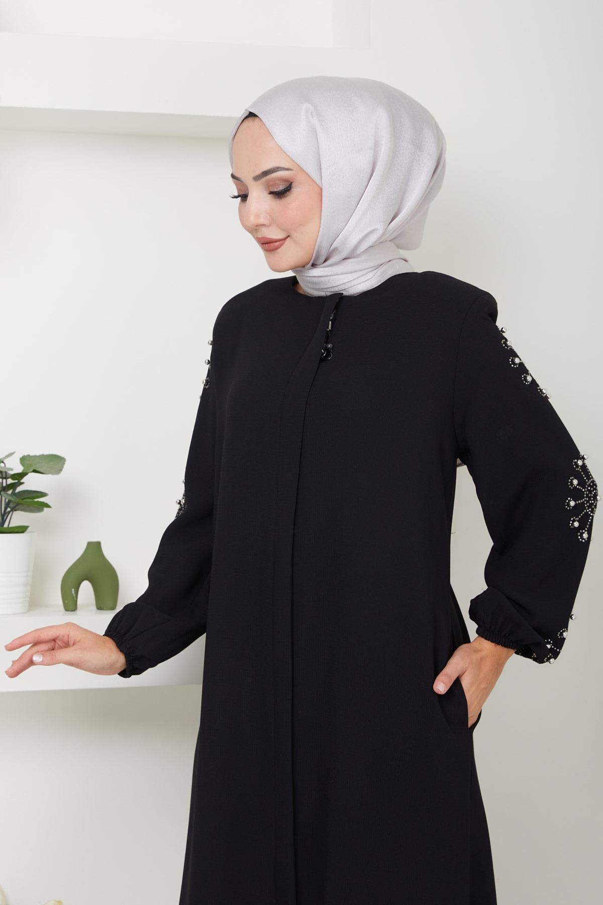 Kolu Taşlı ve İncili Ferace Siyah HM2494