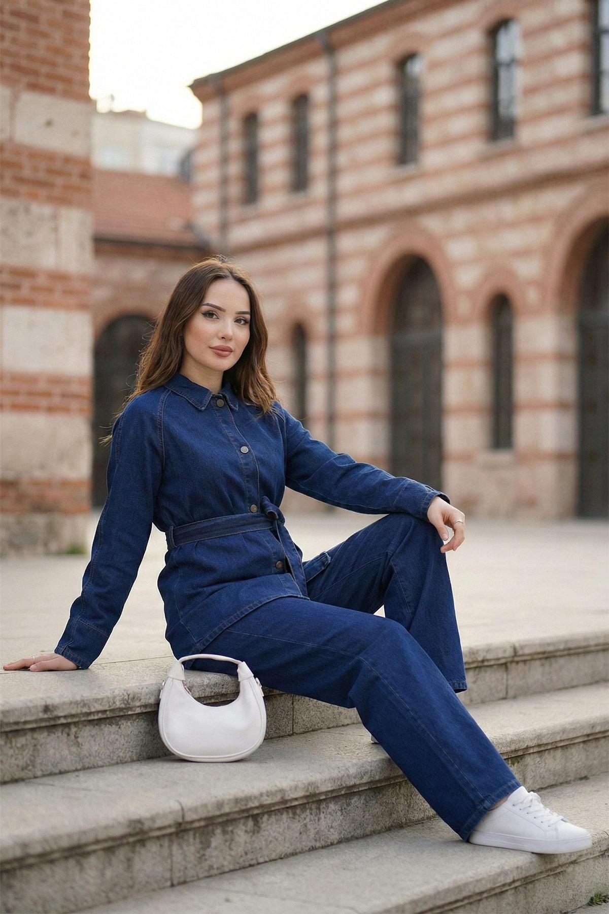 Kuşaklı Düğmeli Pantolonlu Kot Takım SS2876 Mavi
