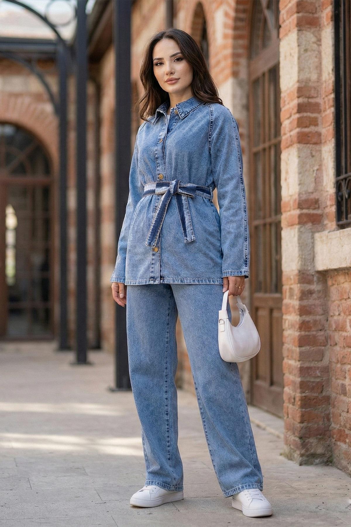 Kuşaklı Düğmeli Pantolonlu Kot Takım SS2876 Açık Mavi