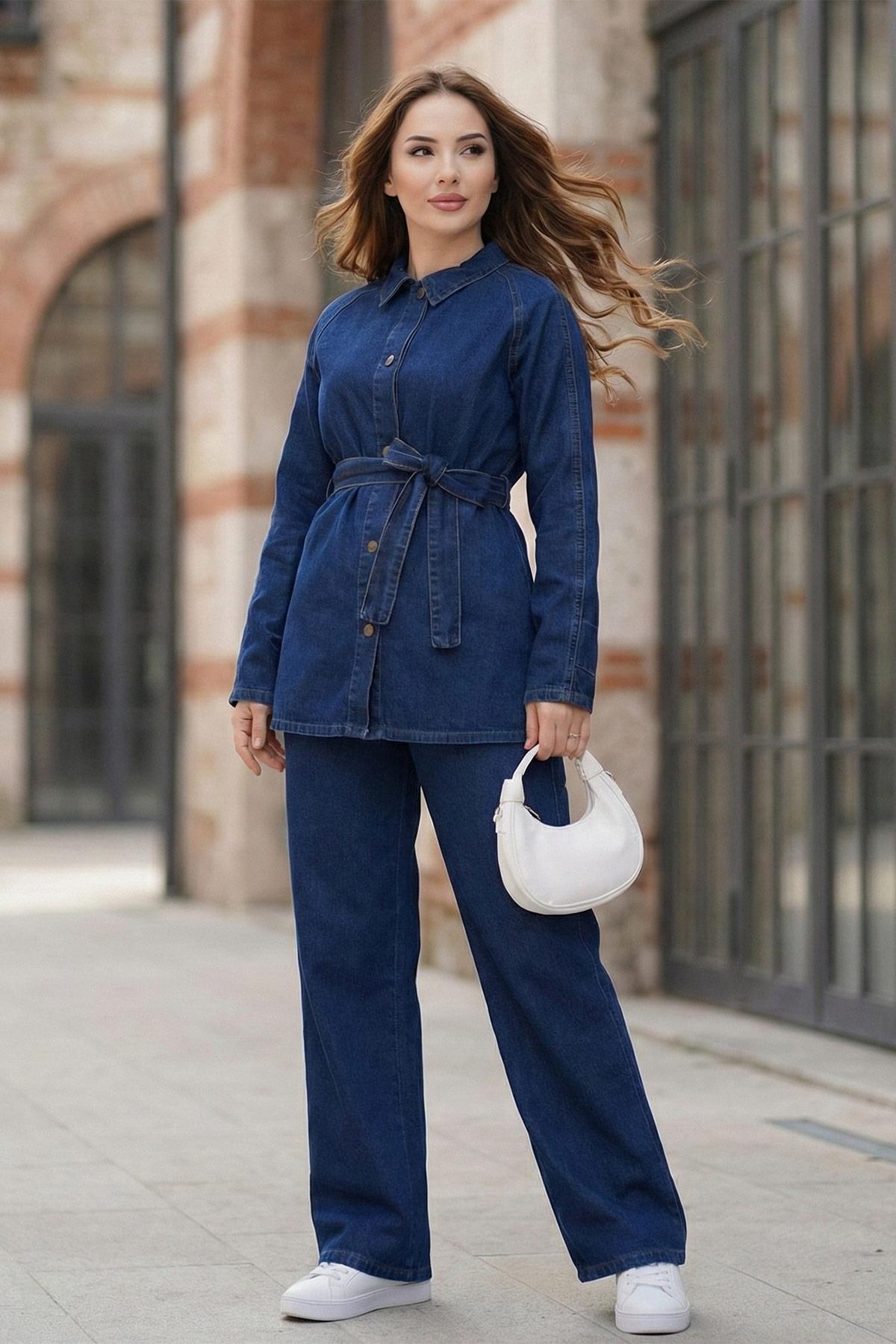 Kuşaklı Düğmeli Pantolonlu Kot Takım SS2876 Koyu Mavi