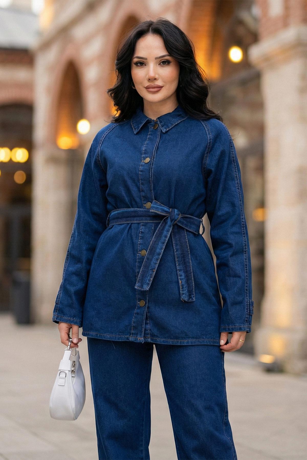 Kuşaklı Düğmeli Pantolonlu Kot Takım SS2876 Koyu Mavi