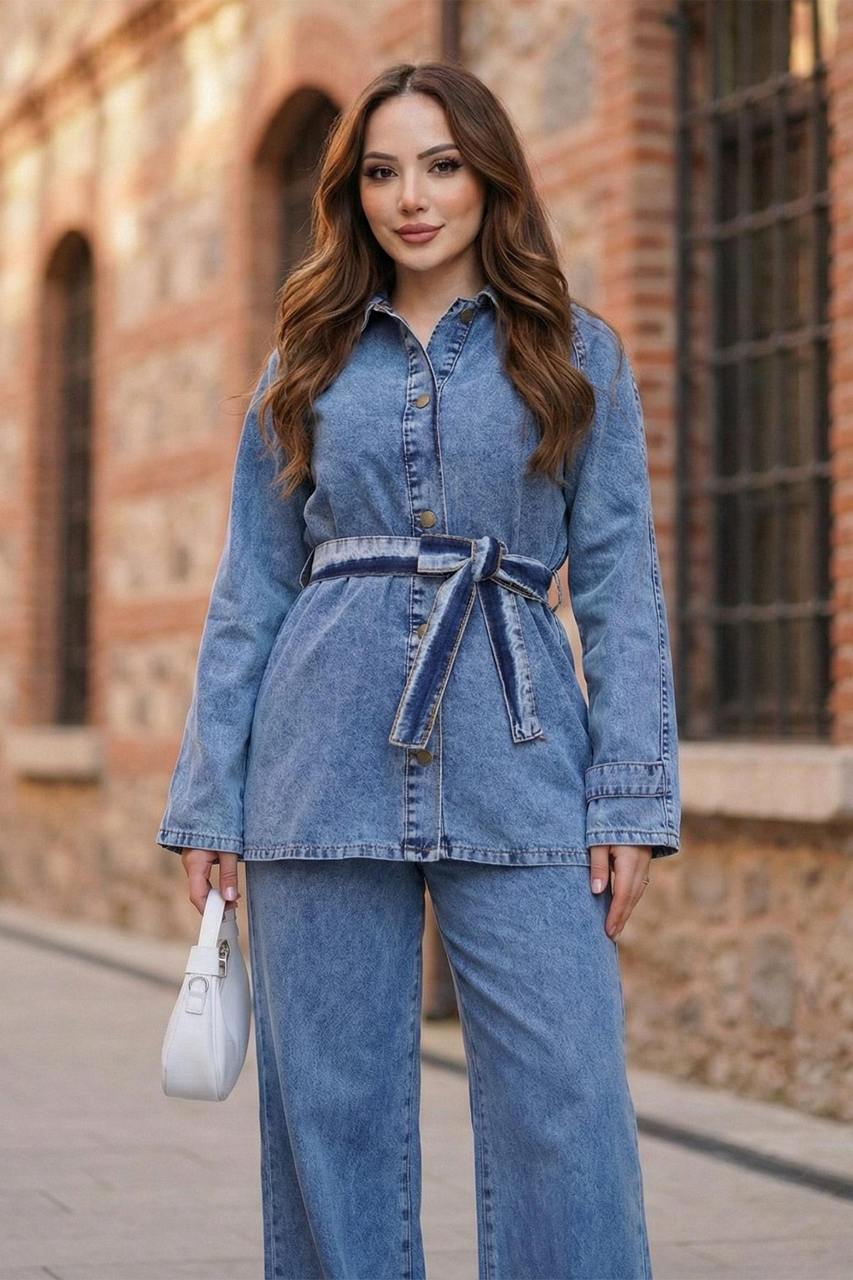 Kuşaklı Düğmeli Pantolonlu Kot Takım SS2876 Açık Mavi