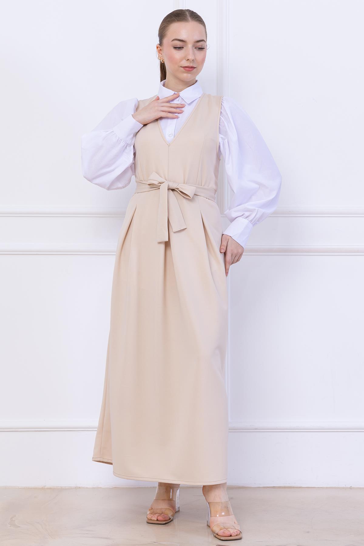 Kuşaklı Pileli Jile Elbise Bej SS2736