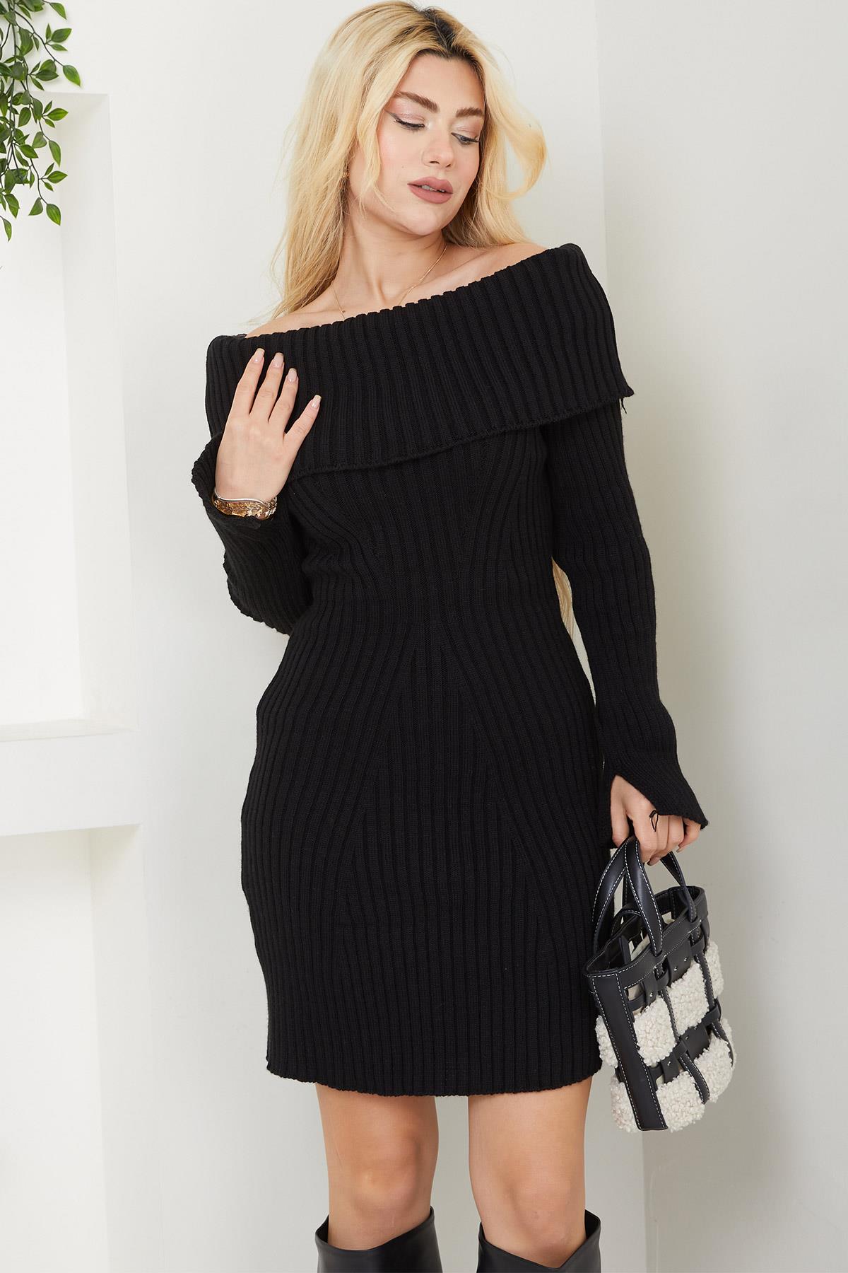 Madonna Yaka Fitilli Triko Elbise Siyah SS2569