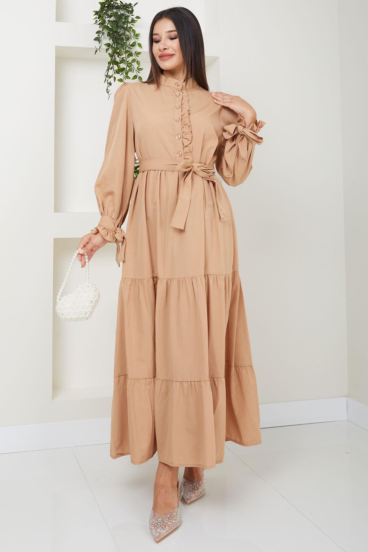 Önü Fırfırlı Kolu Bağlamalı Elbise Camel SS2078