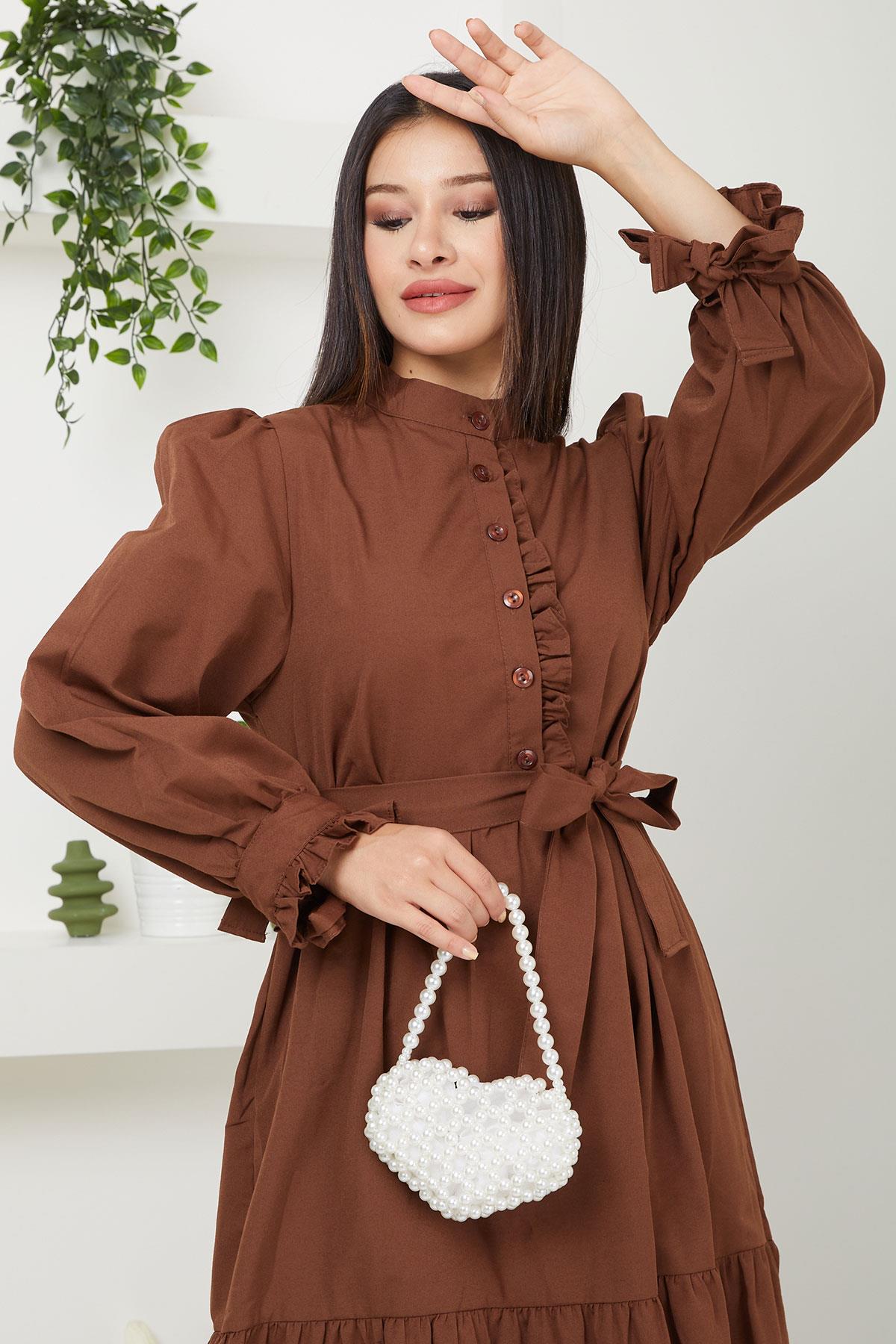 Önü Fırfırlı Kolu Bağlamalı Elbise Kahverengi SS2078