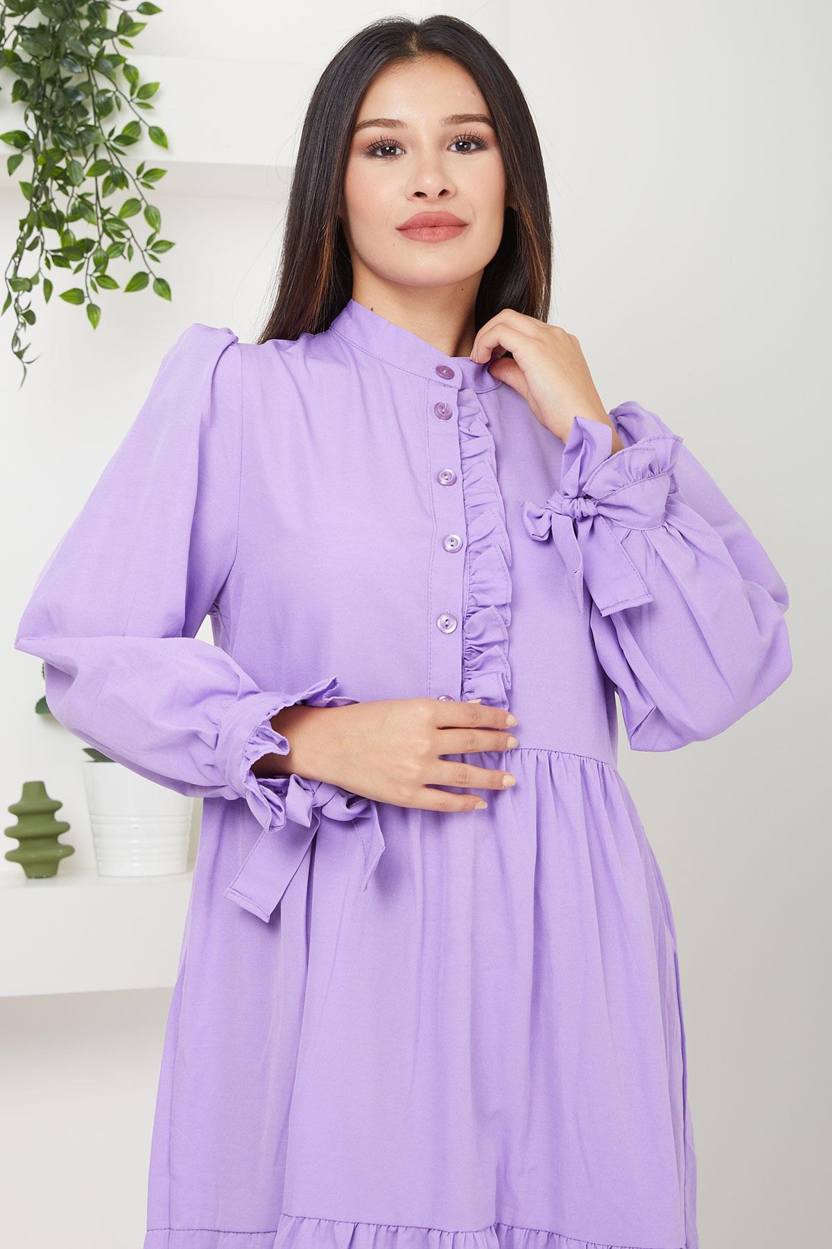 Önü Fırfırlı Kolu Bağlamalı Elbise Lila SS2078