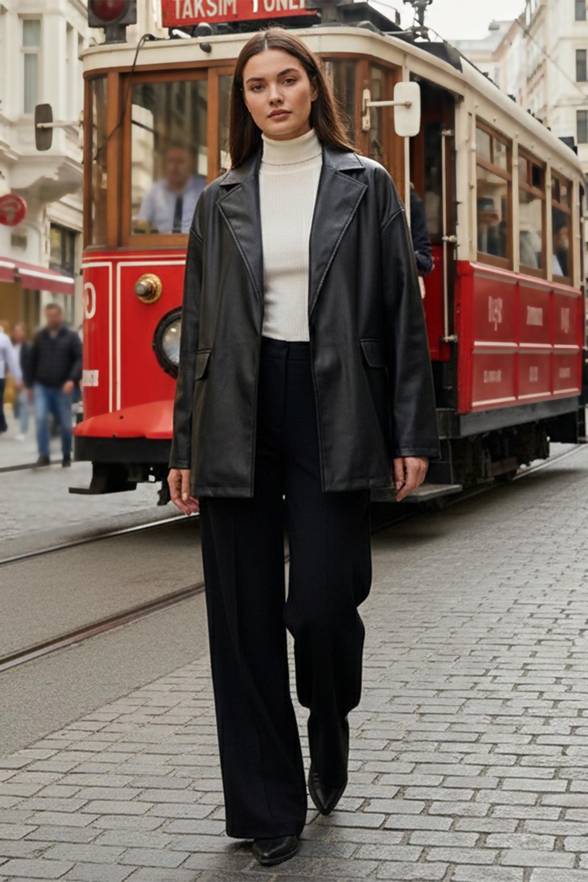 Oversize Kadın Deri Ceket Siyah SS2270
