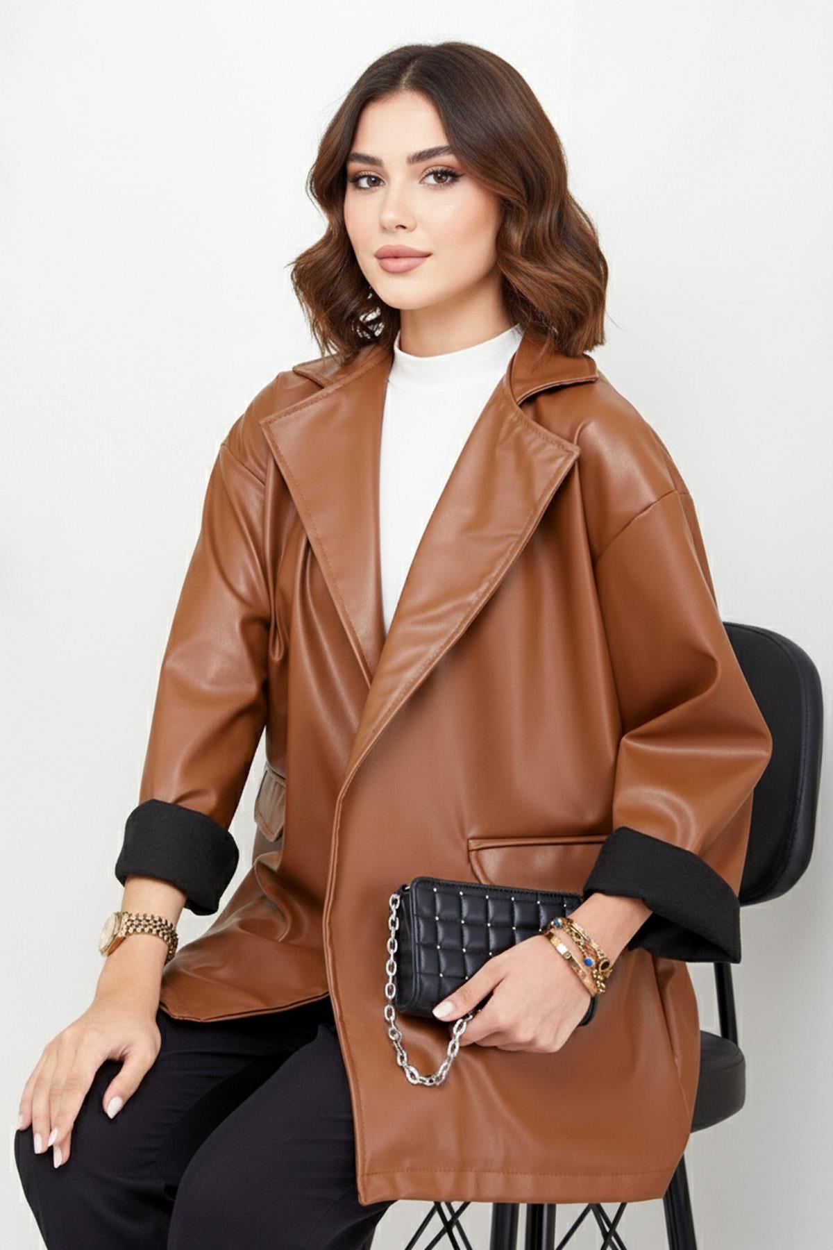 Oversize Kadın Deri Ceket Taba SS2270