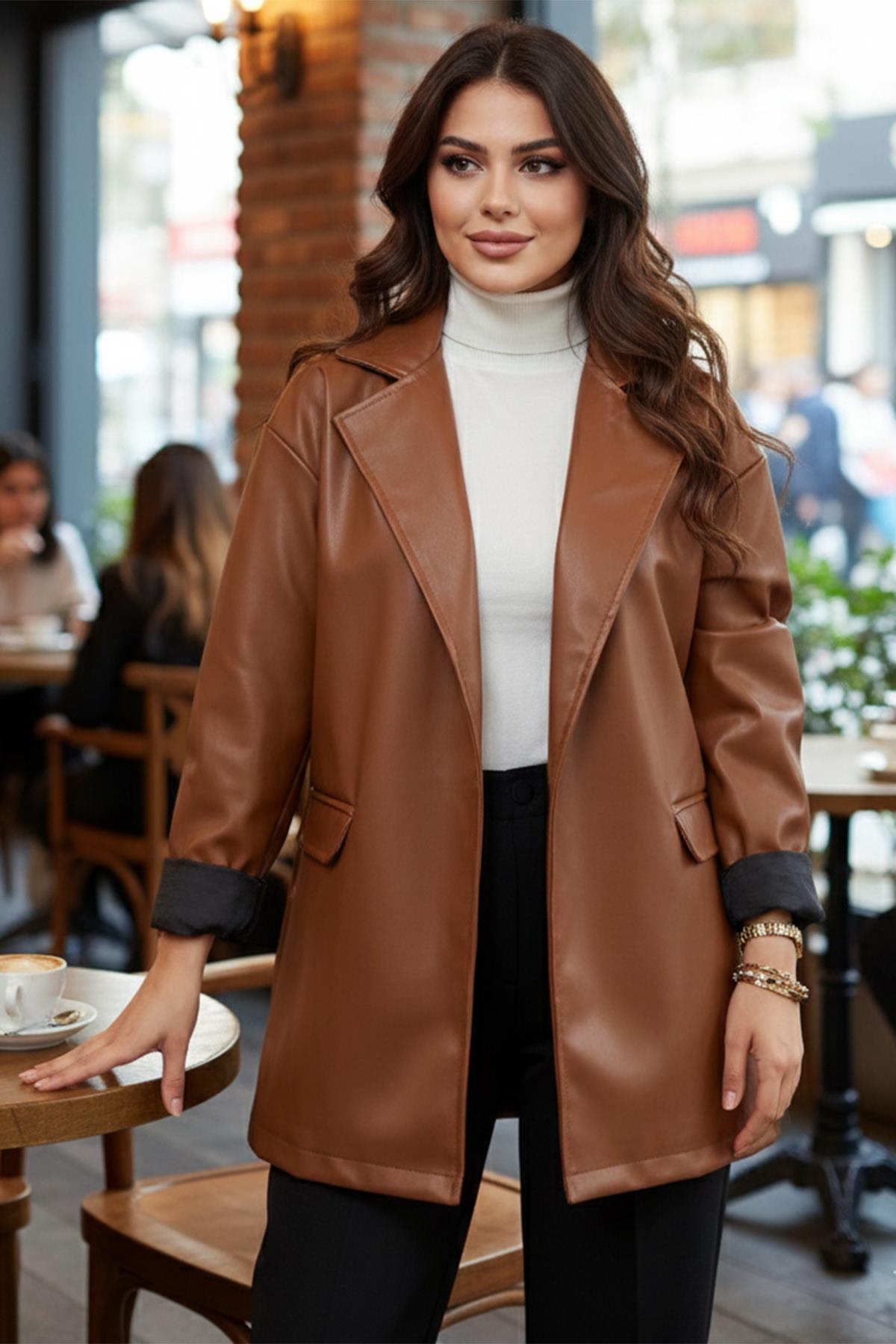 Oversize Kadın Deri Ceket Taba SS2270