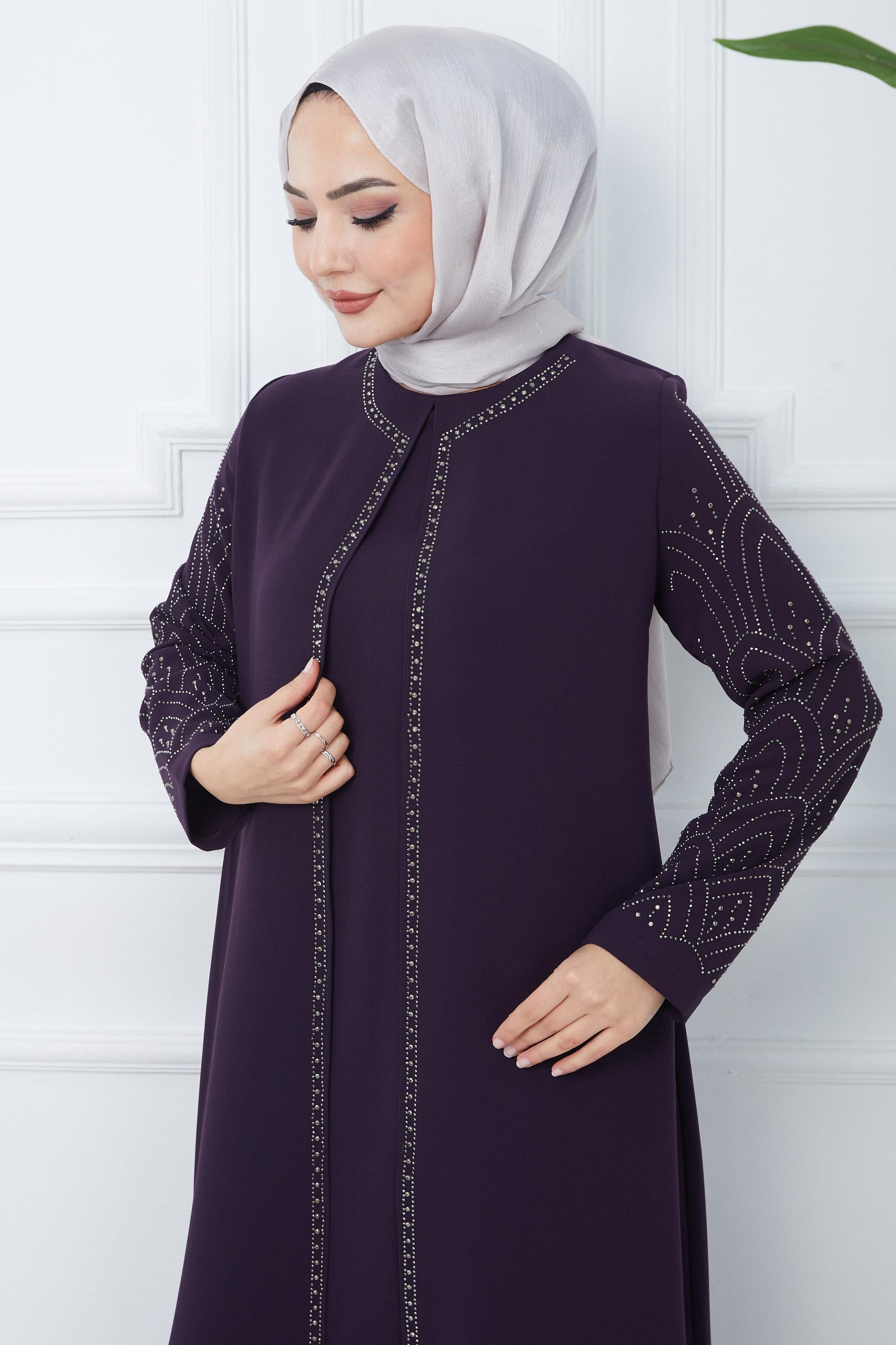 Taşlı Büyük Beden Anne Elbisesi Mor SS2349
