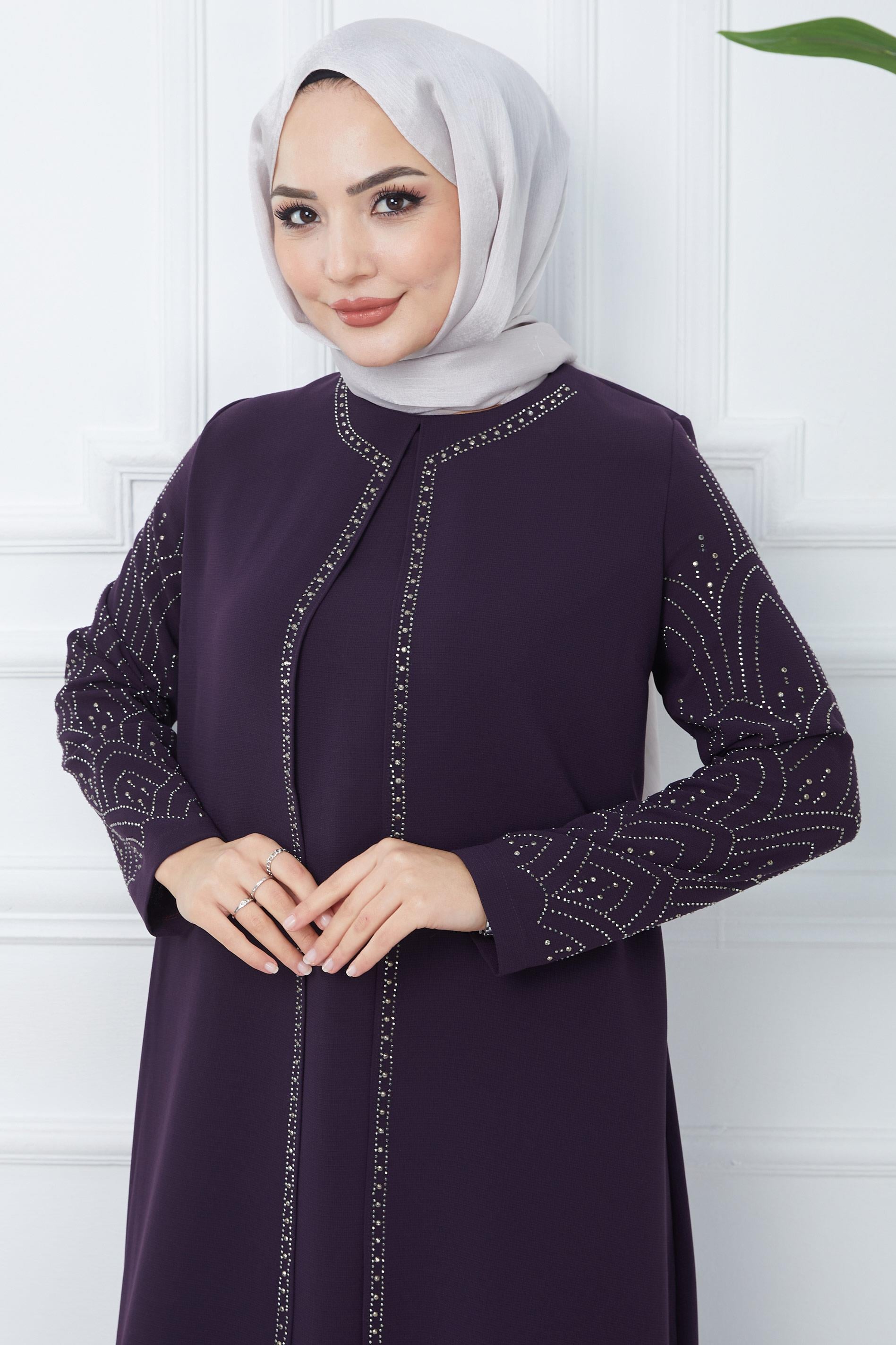 Taşlı Büyük Beden Anne Elbisesi Mor SS2349