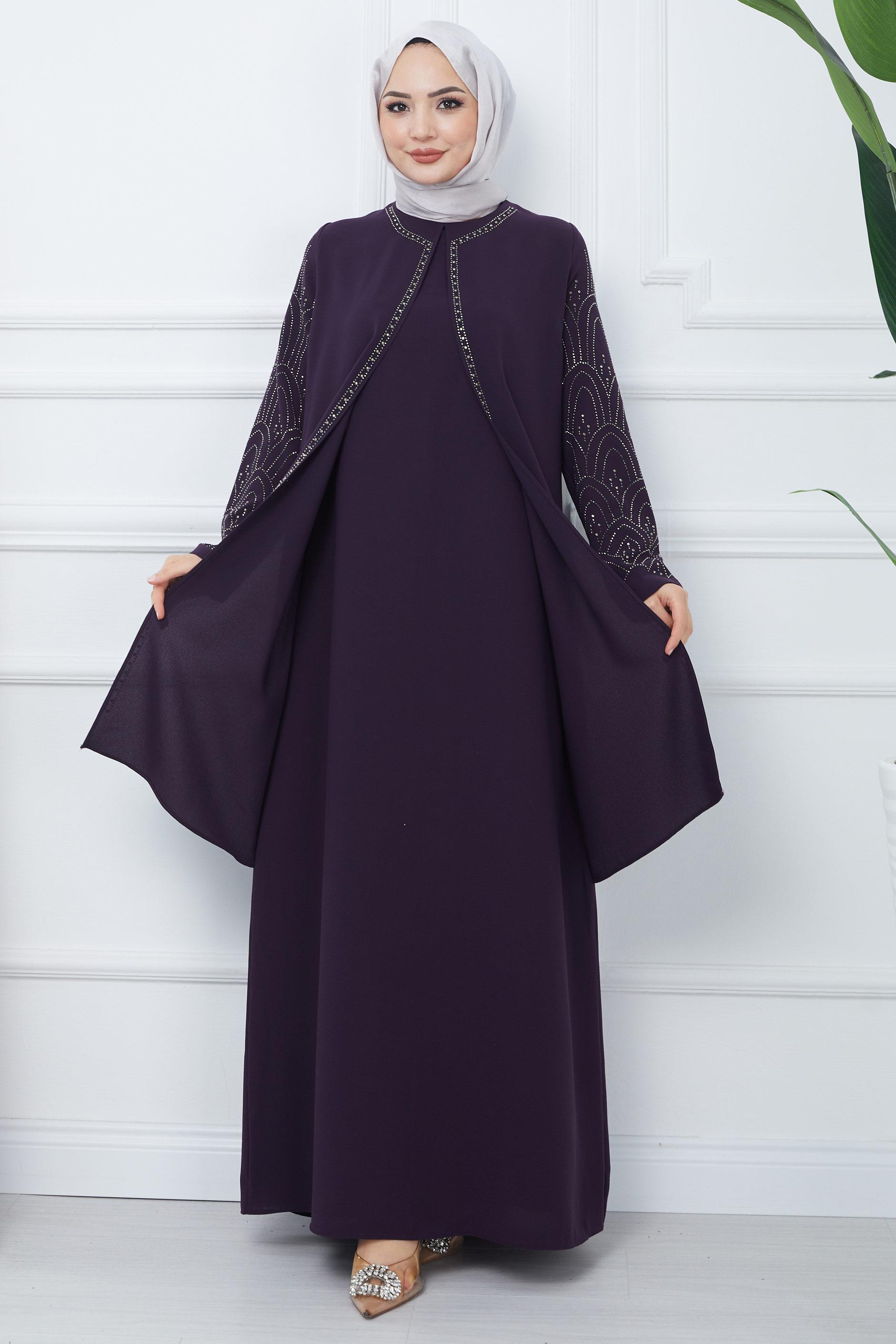Taşlı Büyük Beden Anne Elbisesi Mor SS2349