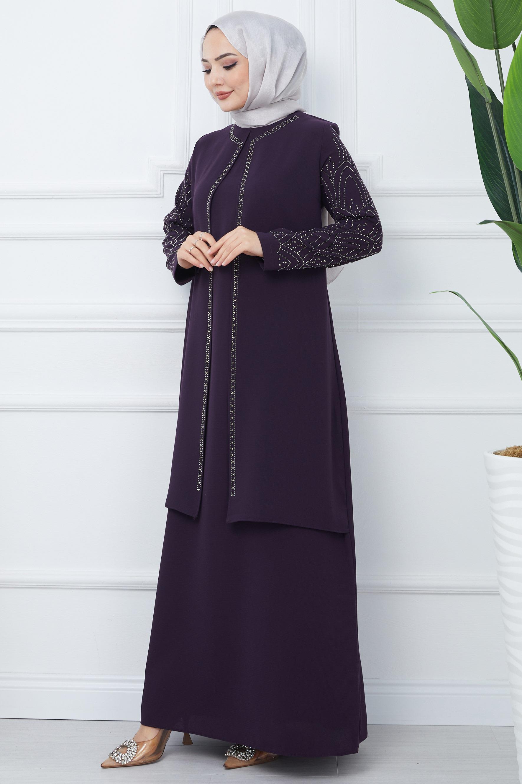 Taşlı Büyük Beden Anne Elbisesi Mor SS2349