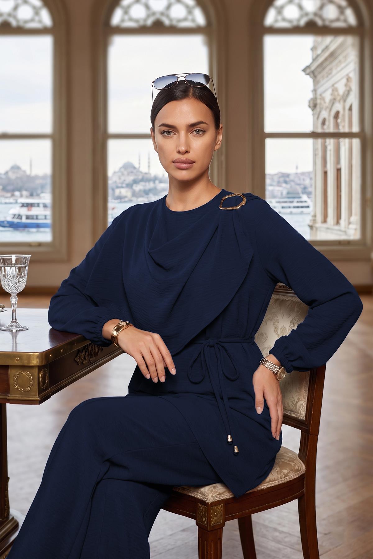 Toka Detaylı Pantolonlu Takım Lacivert SS2901