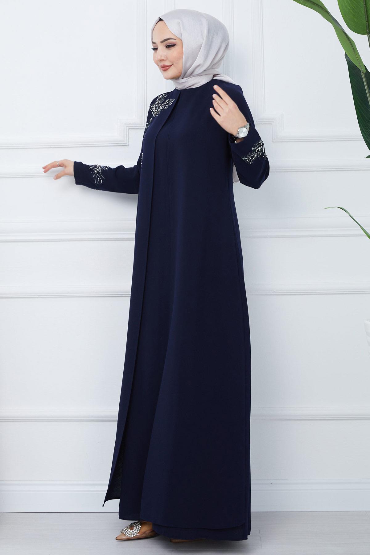 Yaprak Taşlı Büyük Beden Anne Elbisesi Lacivert SS2350