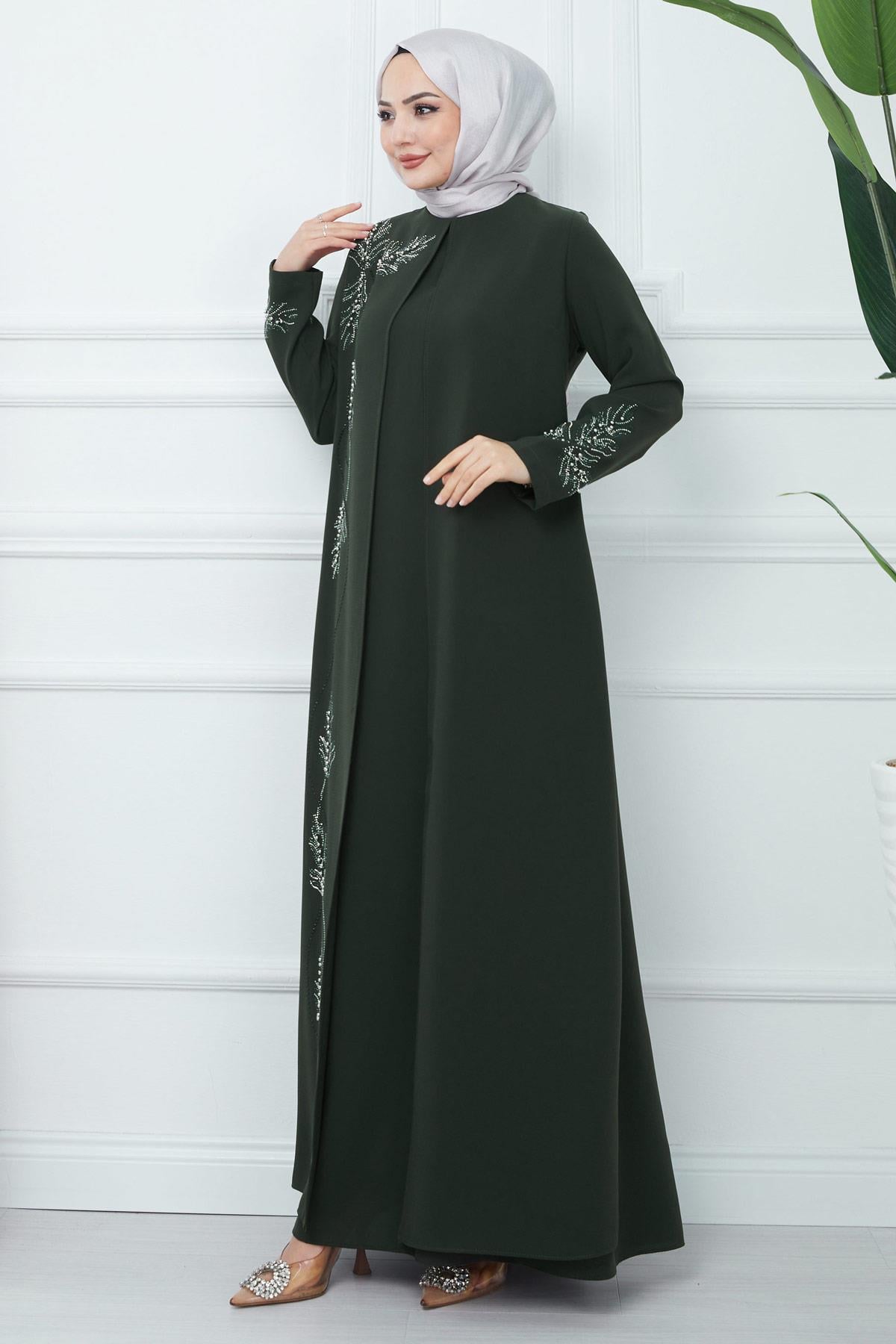 Yaprak Taşlı Büyük Beden Anne Elbisesi Haki SS2350