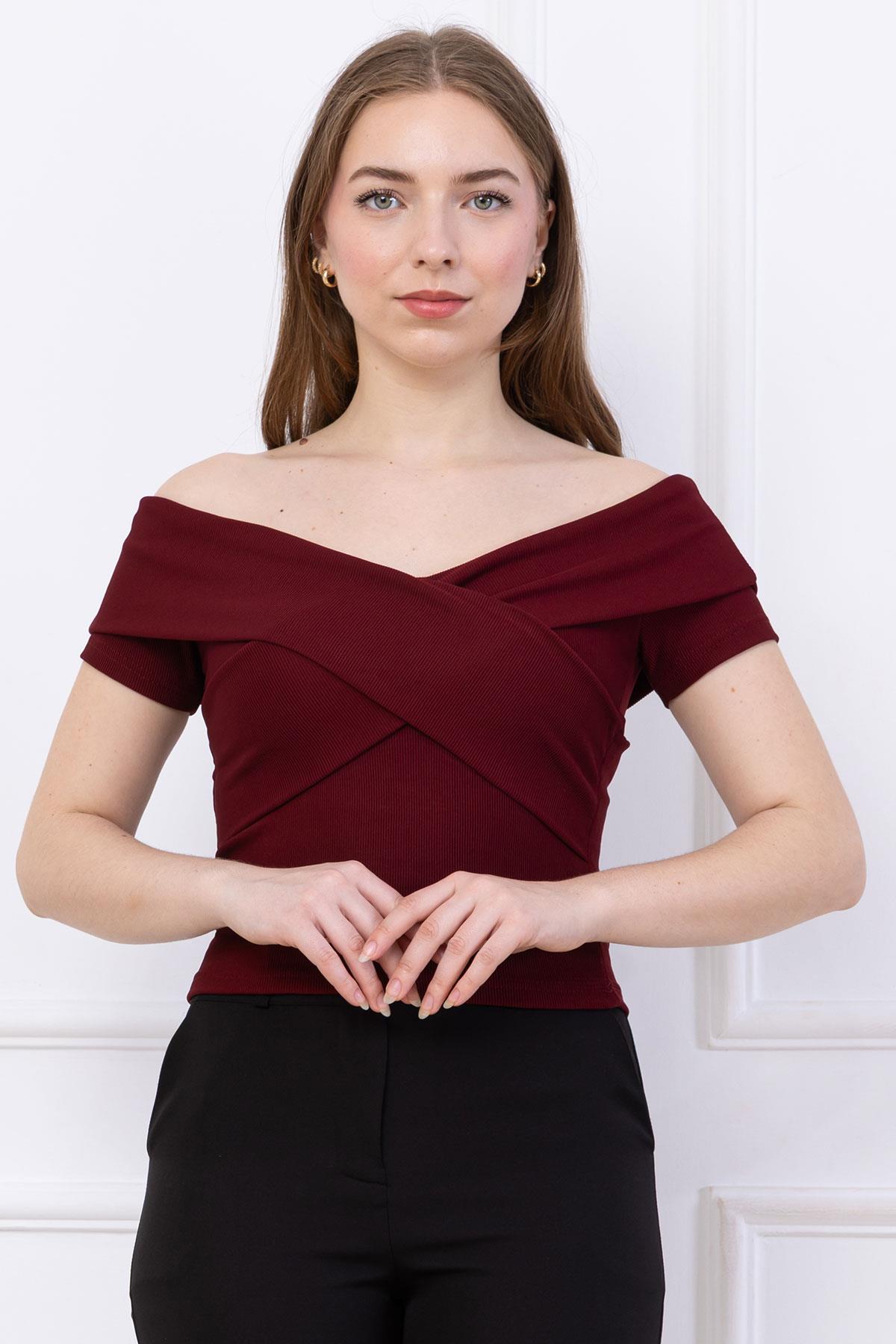 Çapraz Kesim Madonna Yaka Crop Bordo SS2743