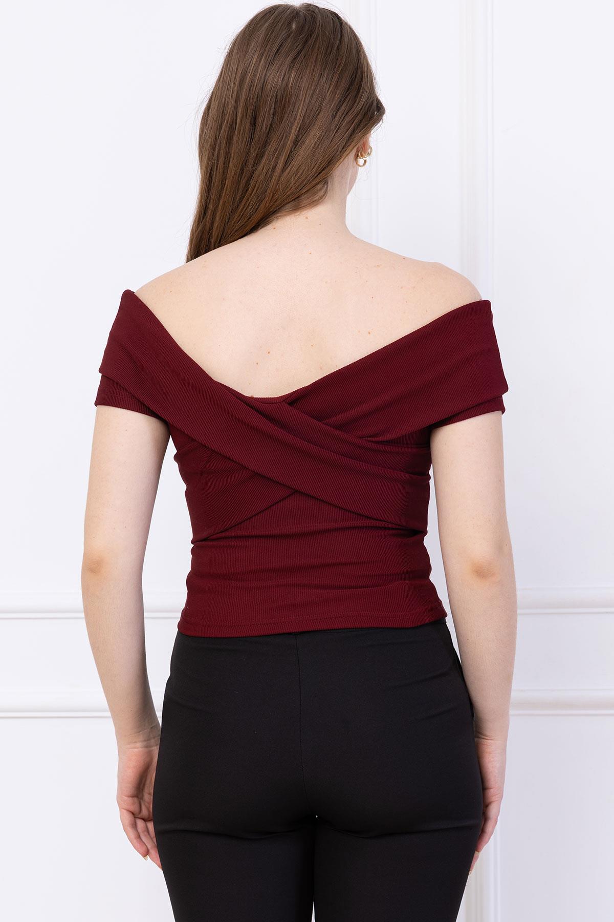 Çapraz Kesim Madonna Yaka Crop Bordo SS2743