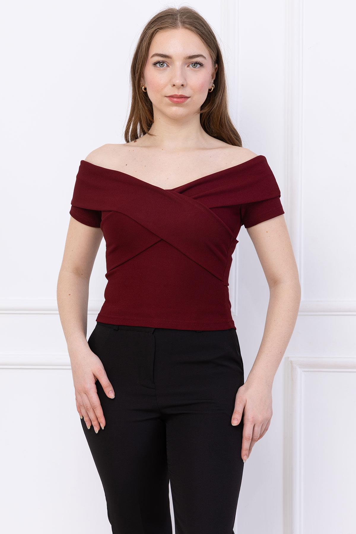 Çapraz Kesim Madonna Yaka Crop Bordo SS2743