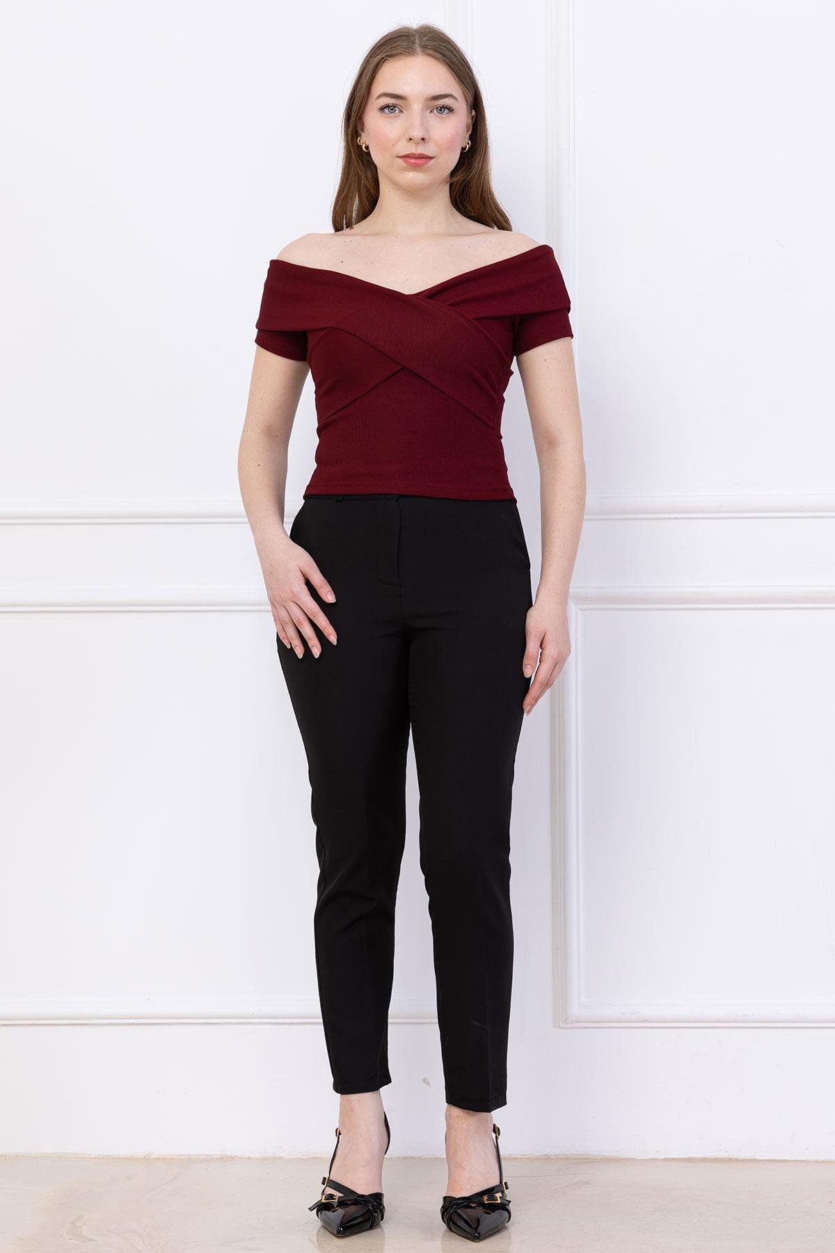 Çapraz Kesim Madonna Yaka Crop Bordo SS2743