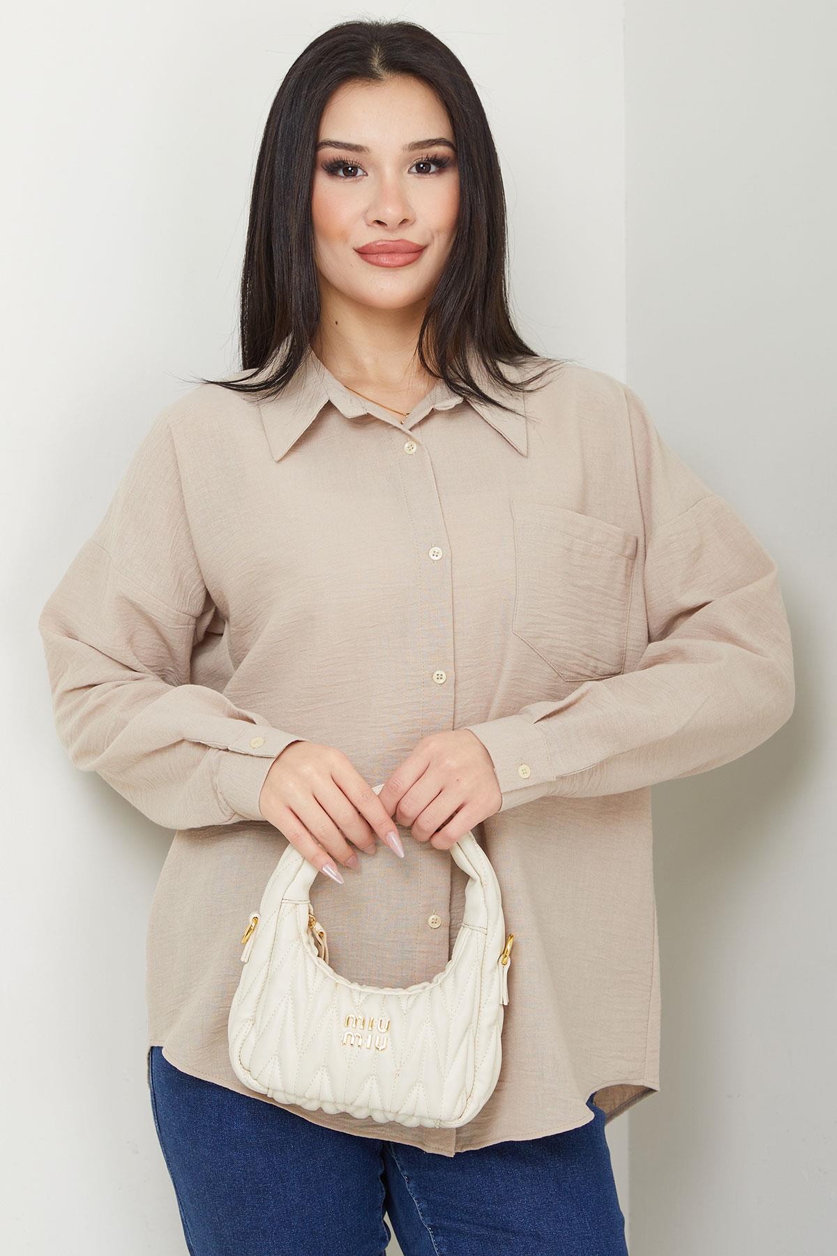 Cepli Oversize Keten Gömlek Bej SS2651