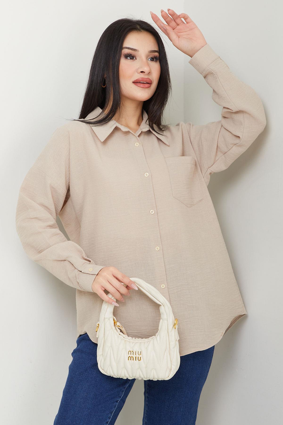 Cepli Oversize Keten Gömlek Bej SS2651