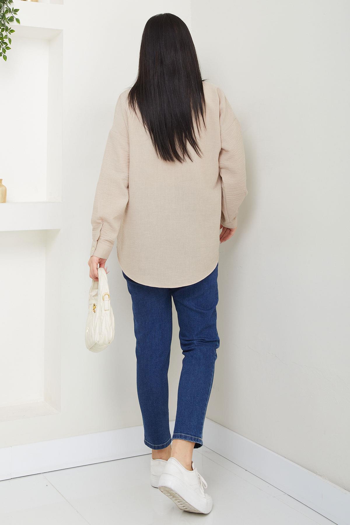 Cepli Oversize Keten Gömlek Bej SS2651