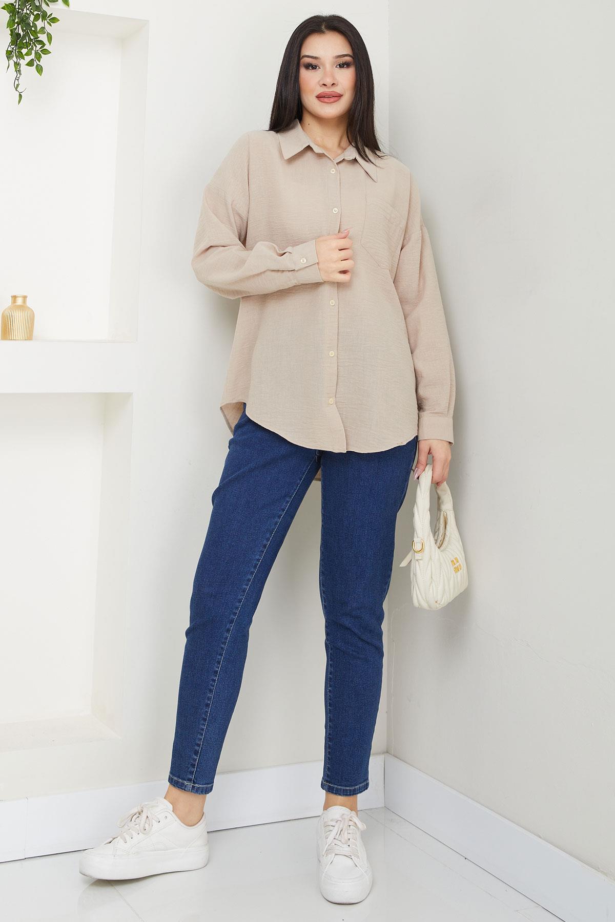 Cepli Oversize Keten Gömlek Bej SS2651