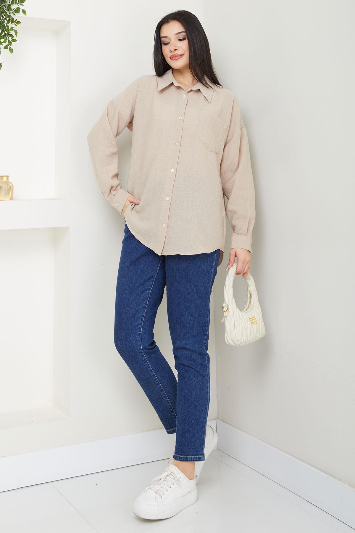 Cepli Oversize Keten Gömlek Bej SS2651