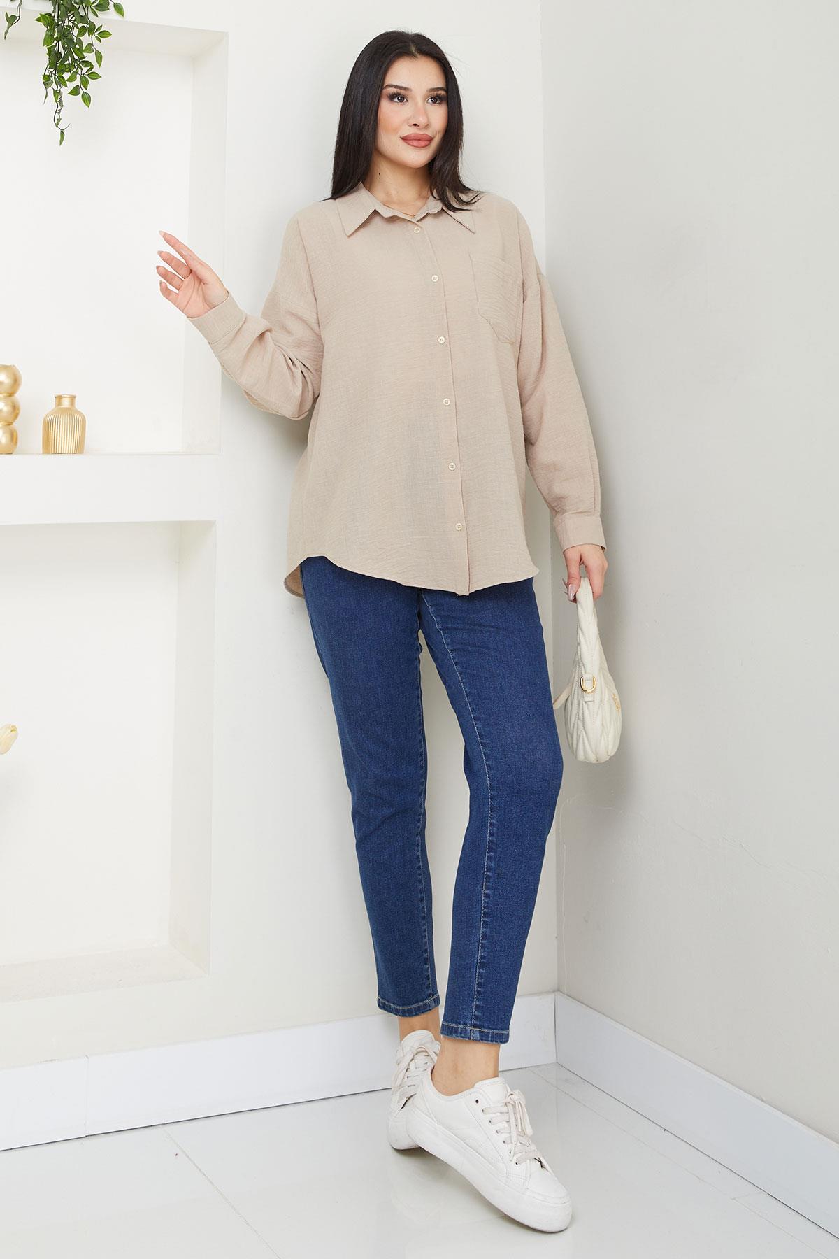 Cepli Oversize Keten Gömlek Bej SS2651