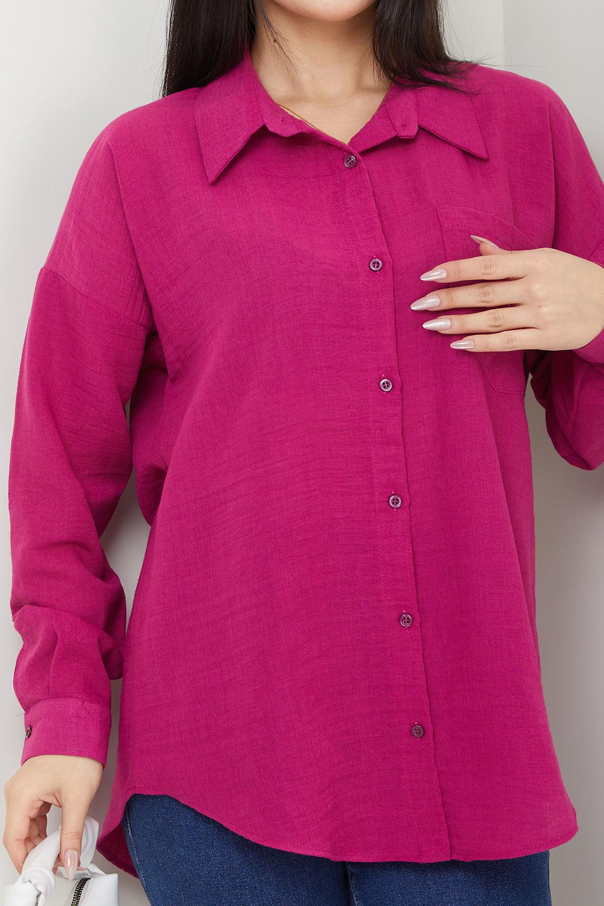 Cepli Oversize Keten Gömlek Fuşya SS2651