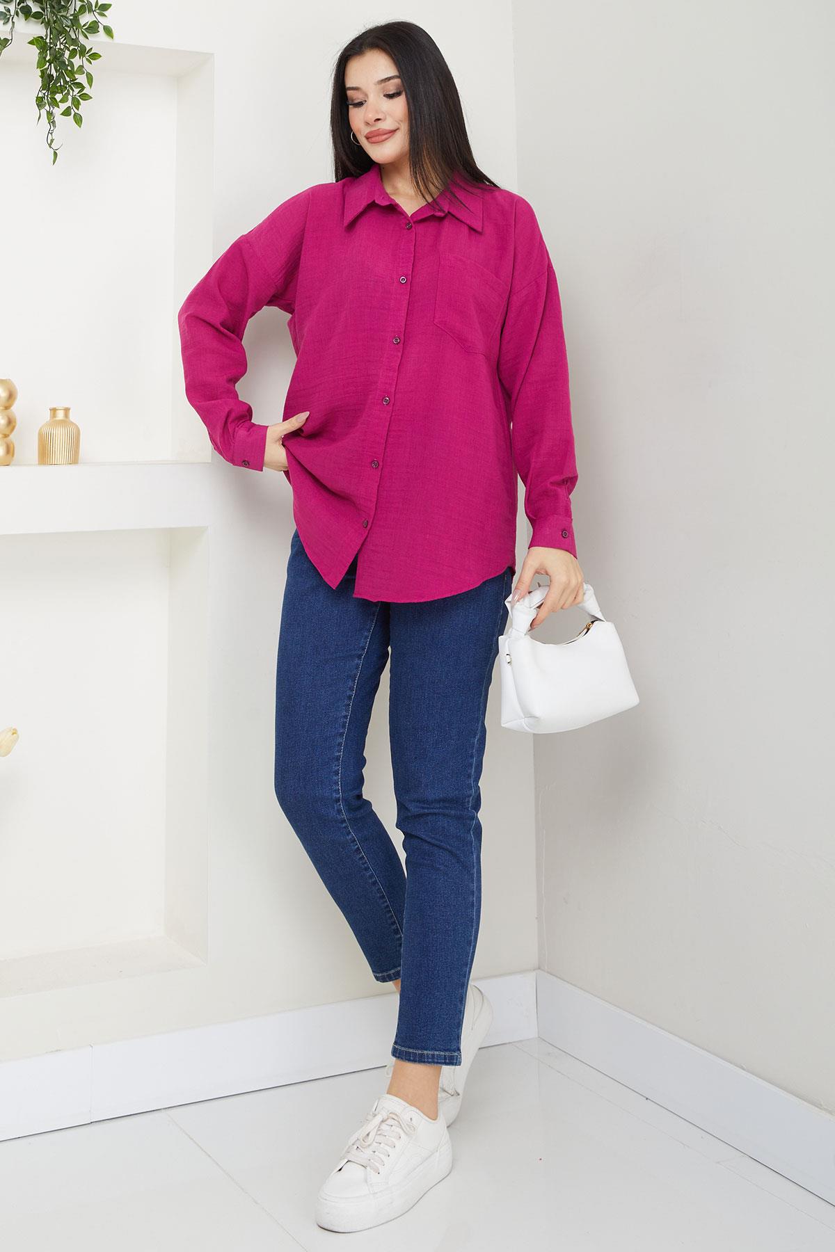 Cepli Oversize Keten Gömlek Fuşya SS2651