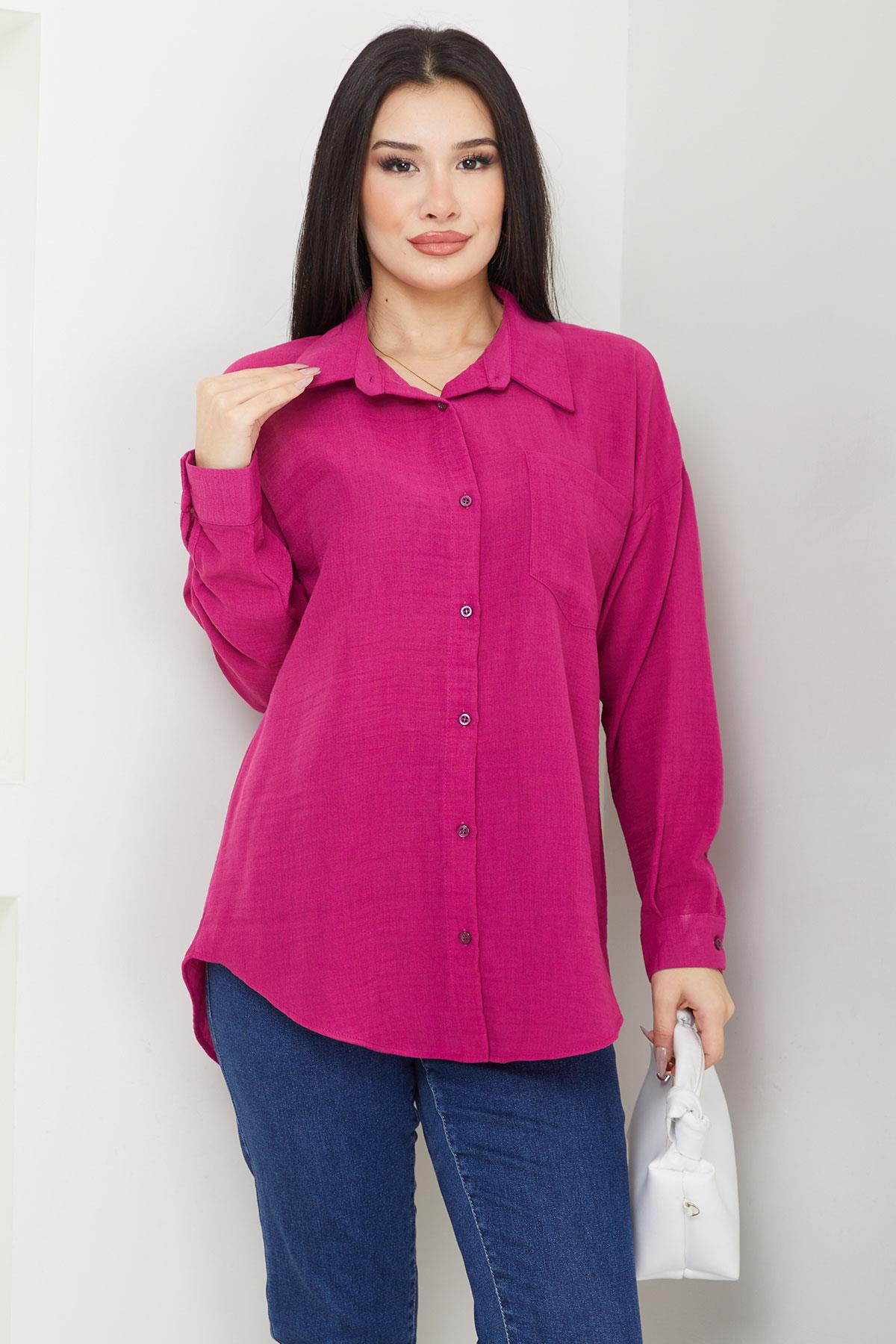 Cepli Oversize Keten Gömlek Fuşya SS2651