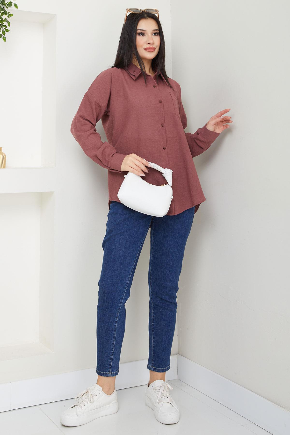 Cepli Oversize Keten Gömlek Gül Kurusu SS2651
