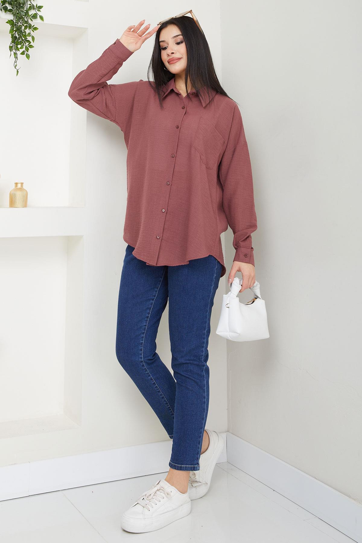 Cepli Oversize Keten Gömlek Gül Kurusu SS2651