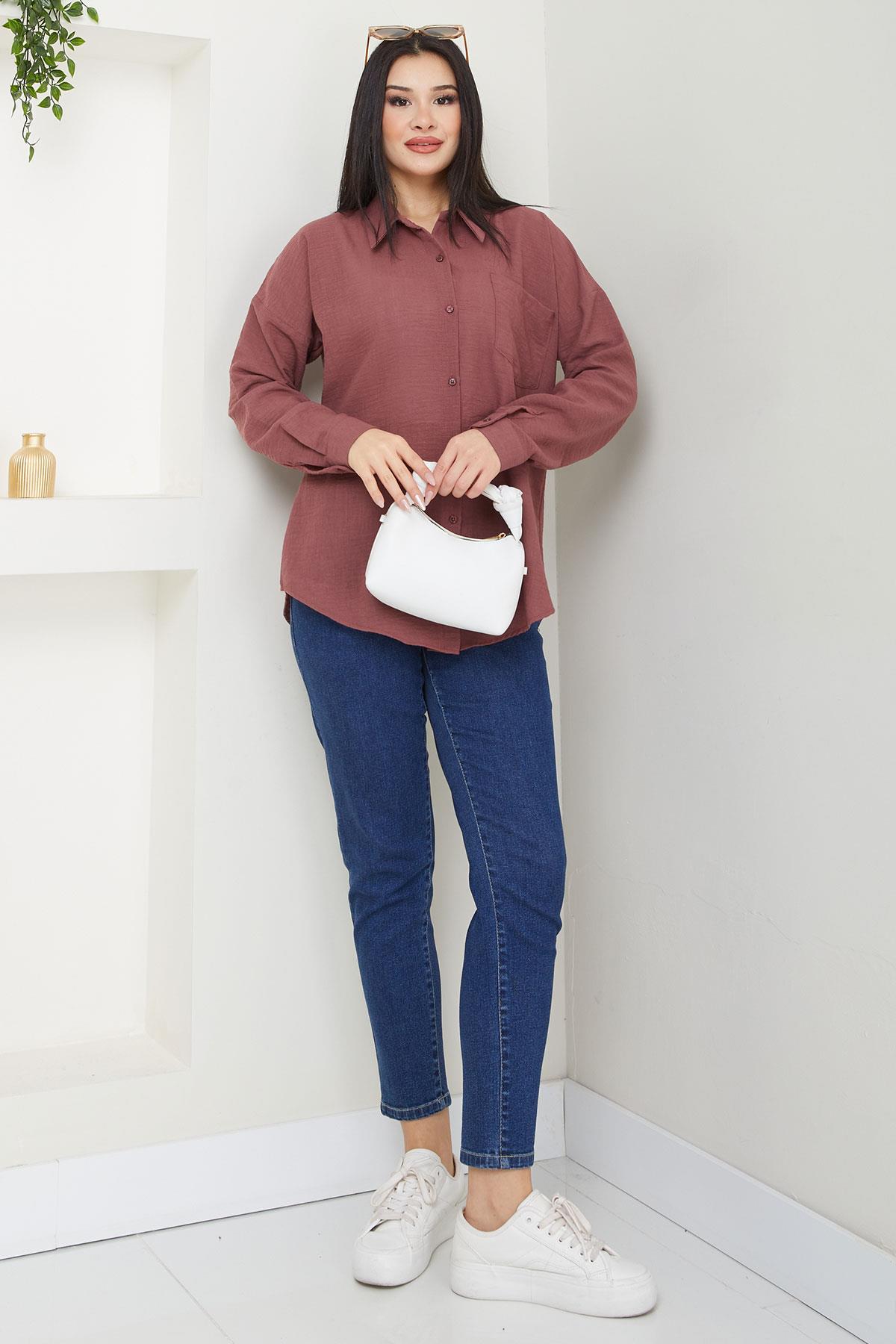 Cepli Oversize Keten Gömlek Gül Kurusu SS2651