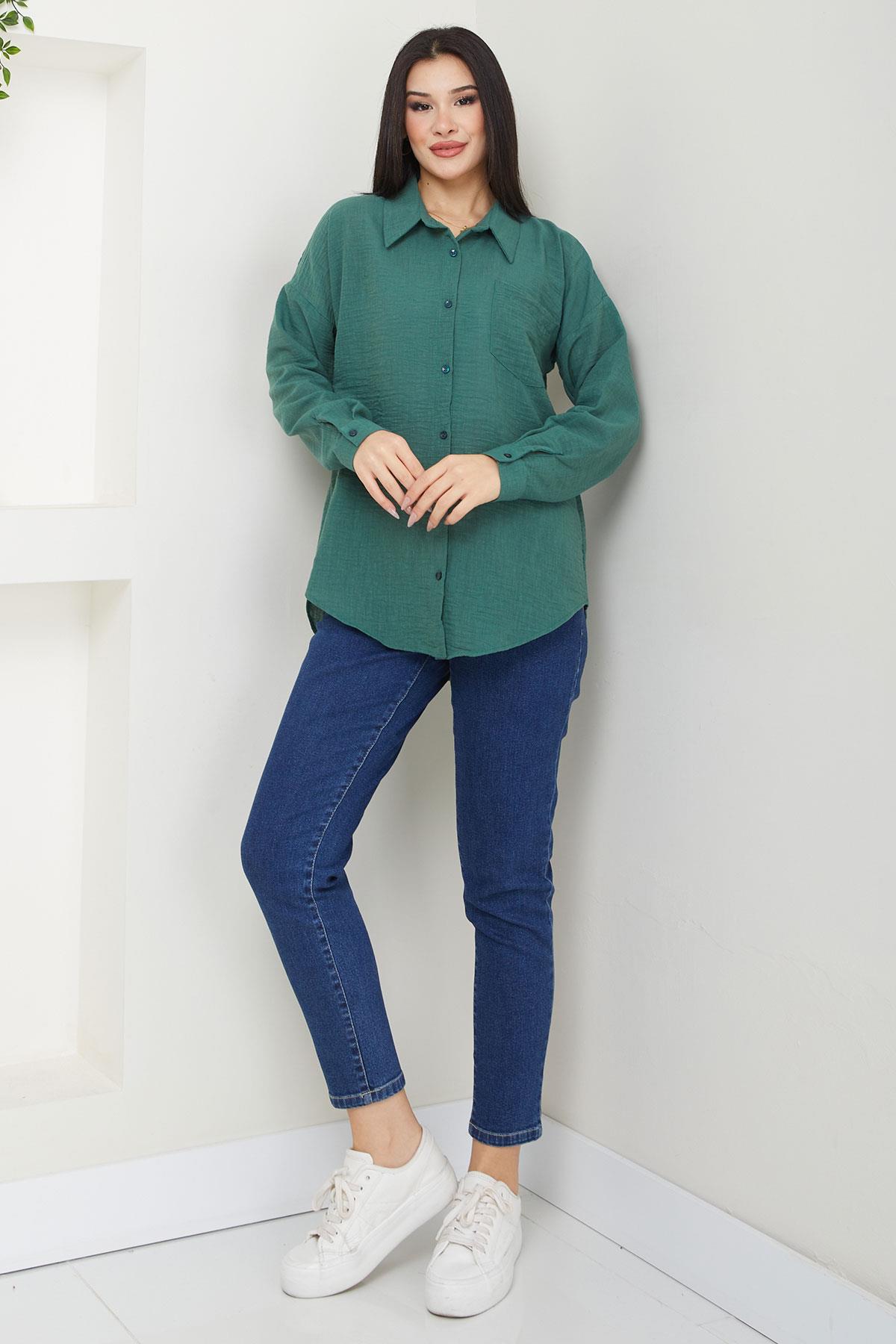 Cepli Oversize Keten Gömlek Haki SS2651