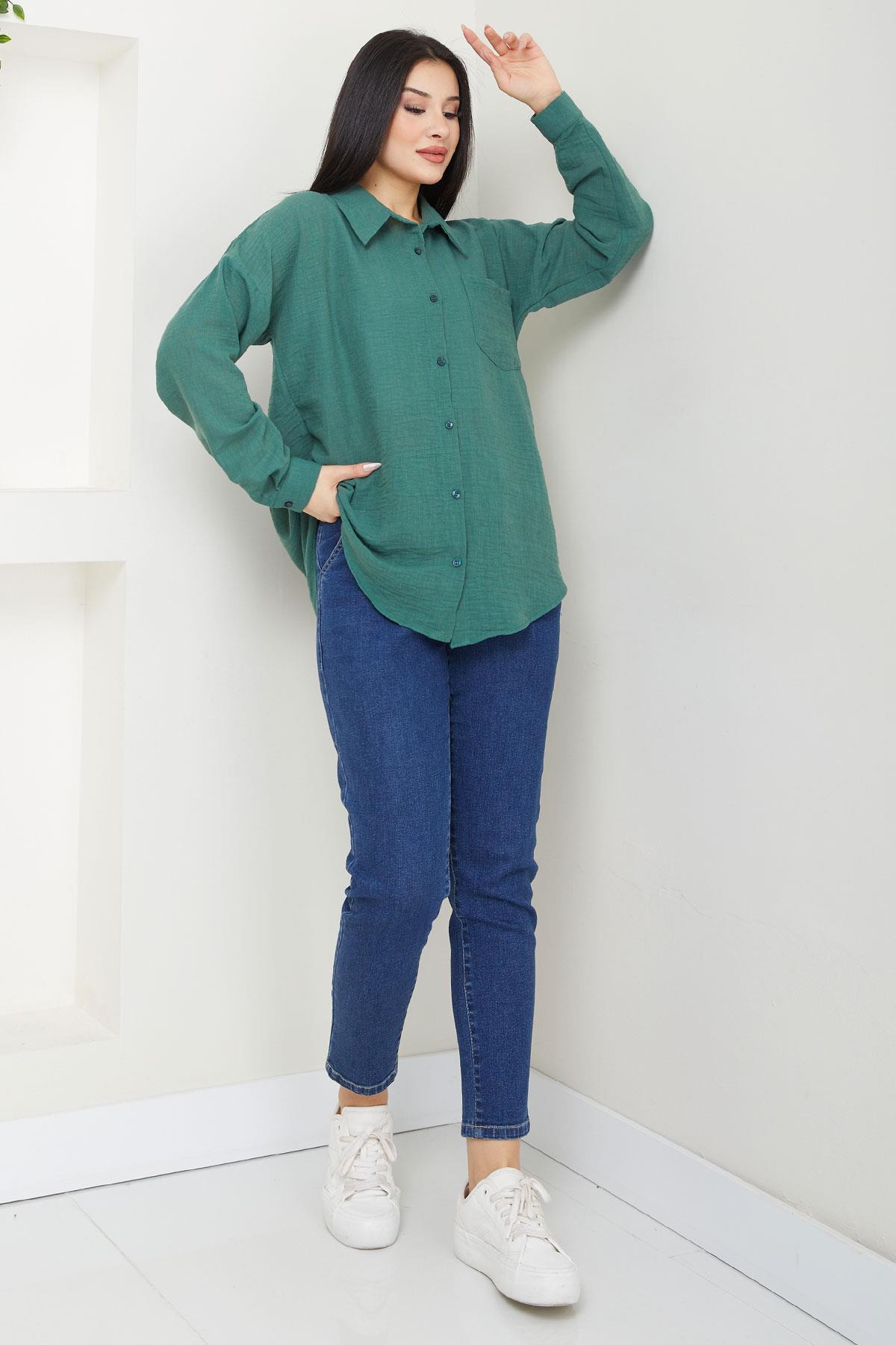 Cepli Oversize Keten Gömlek Haki SS2651