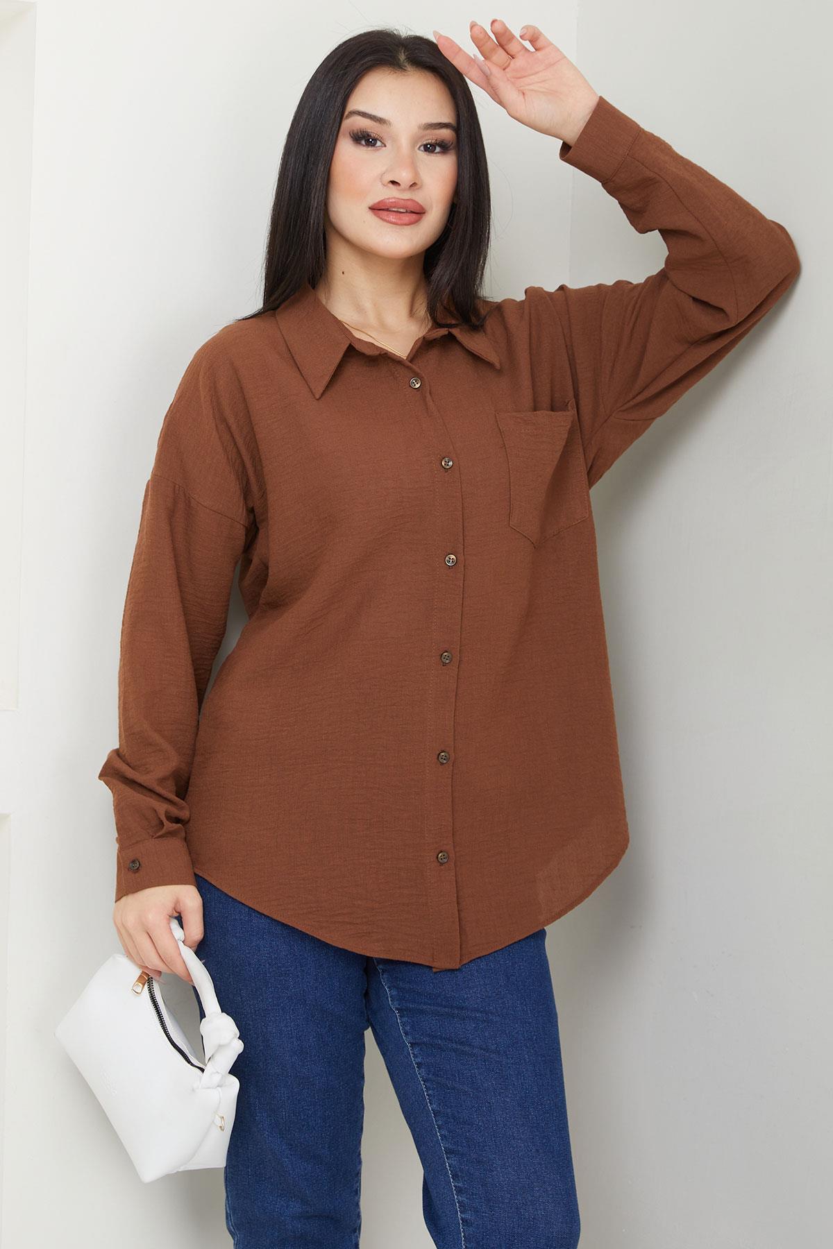 Cepli Oversize Keten Gömlek Kahverengi SS2651