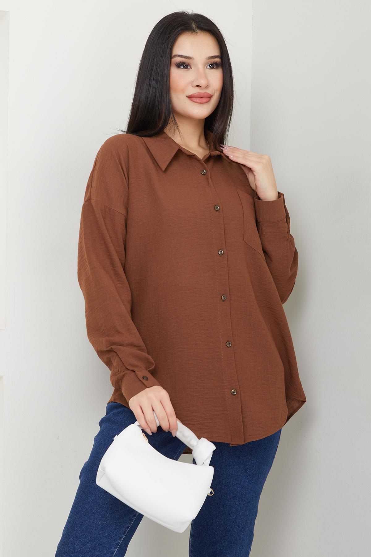 Cepli Oversize Keten Gömlek Kahverengi SS2651