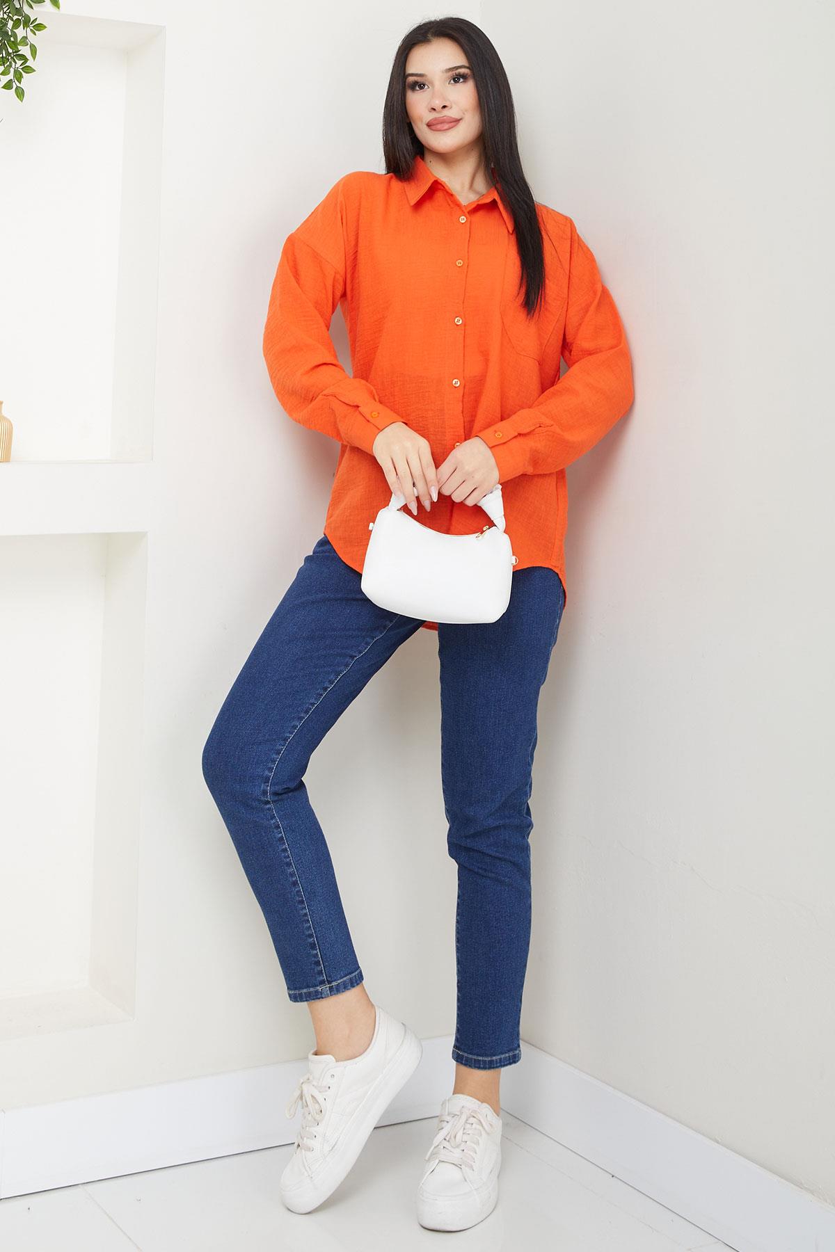 Cepli Oversize Keten Gömlek Mercan SS2651