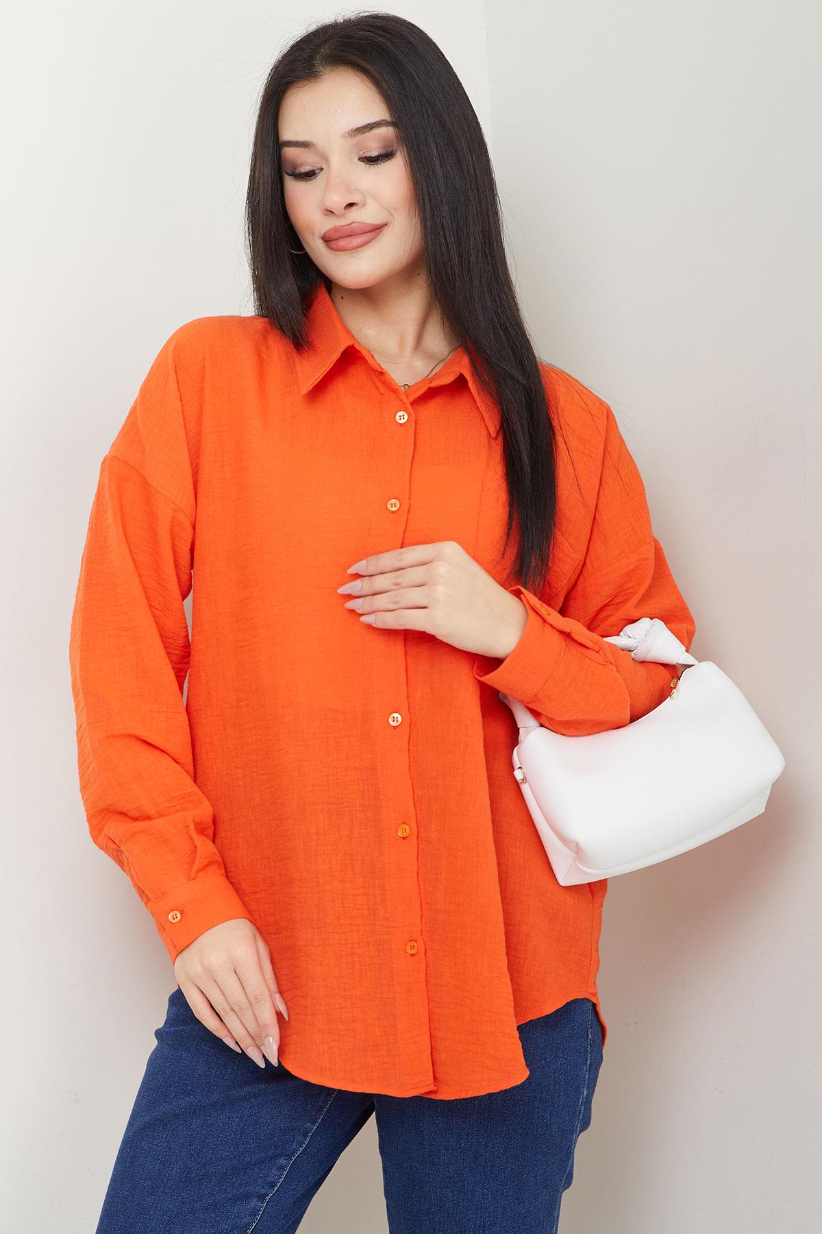 Cepli Oversize Keten Gömlek Mercan SS2651