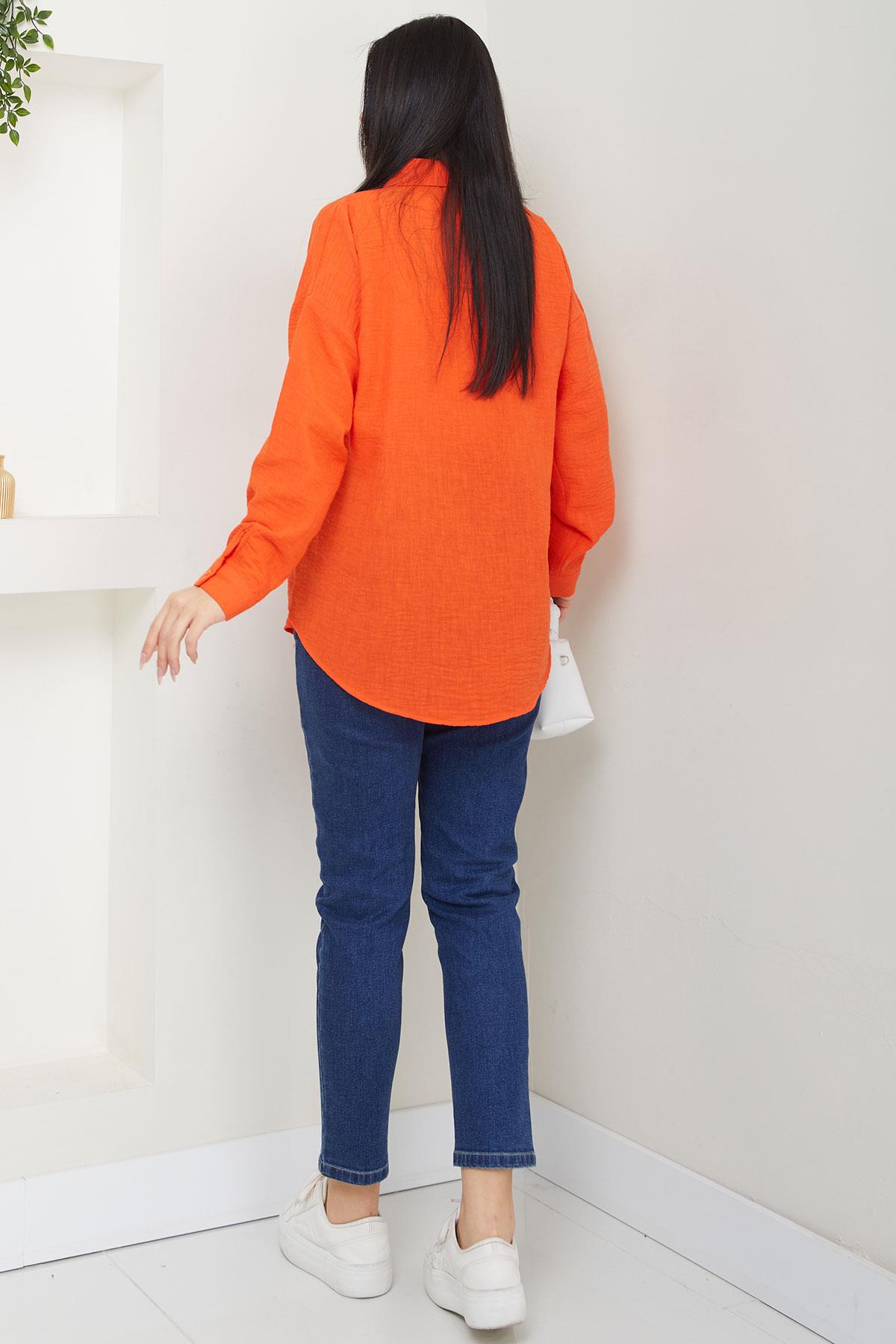 Cepli Oversize Keten Gömlek Mercan SS2651