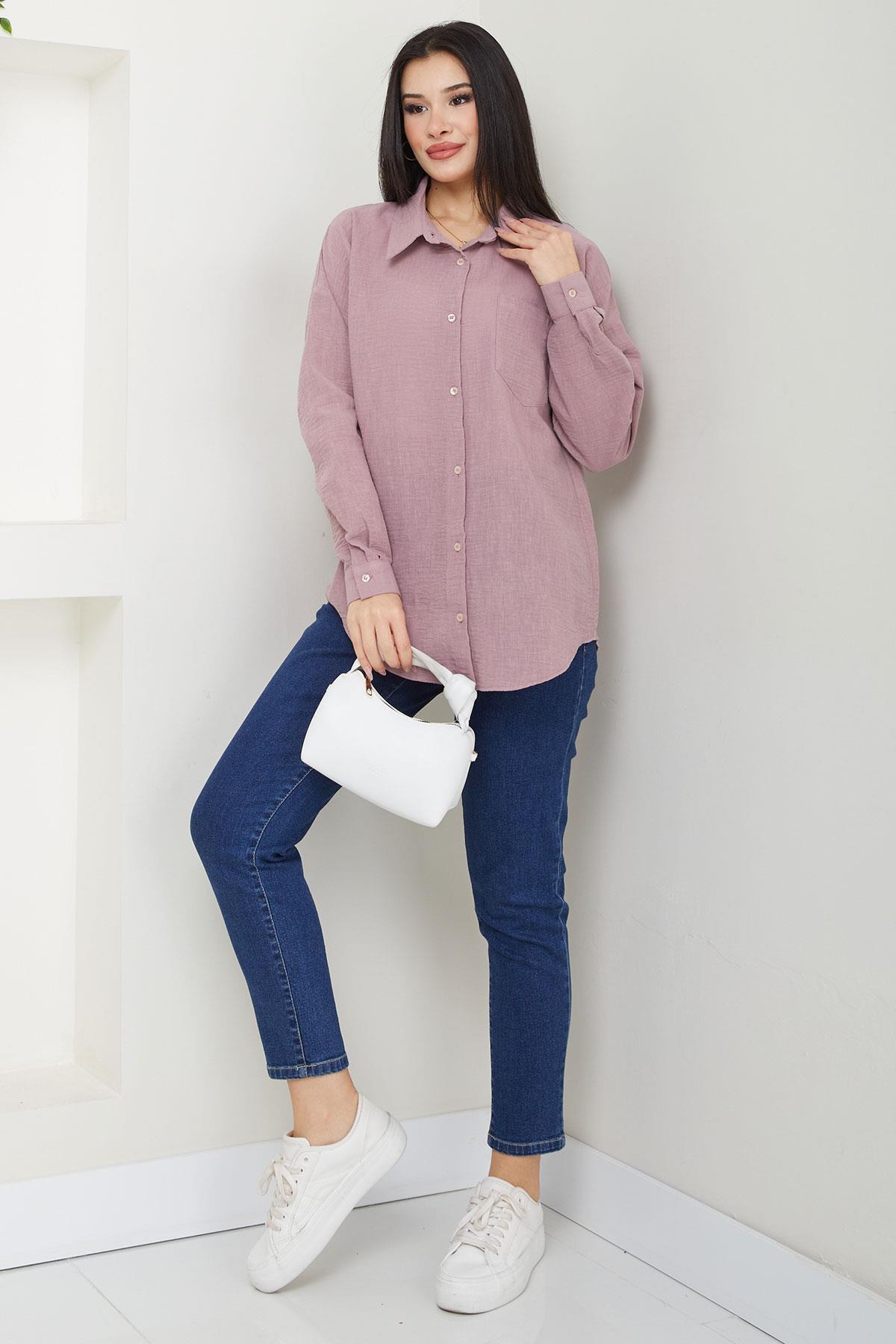 Cepli Oversize Keten Gömlek Pembe SS2651