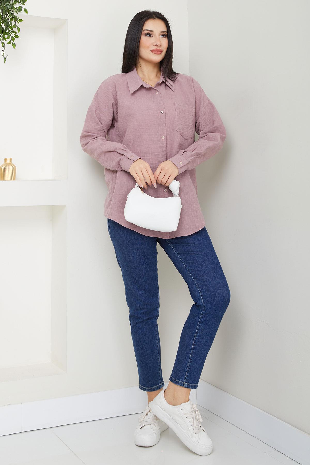 Cepli Oversize Keten Gömlek Pembe SS2651