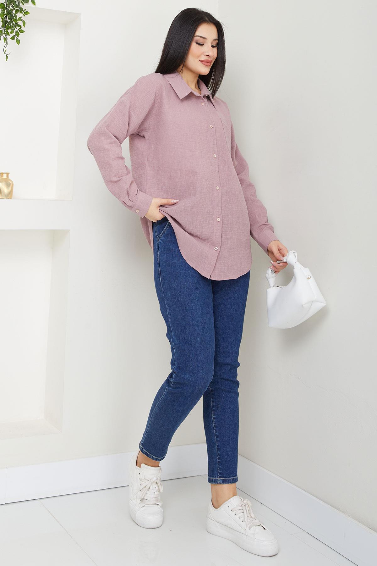 Cepli Oversize Keten Gömlek Pembe SS2651