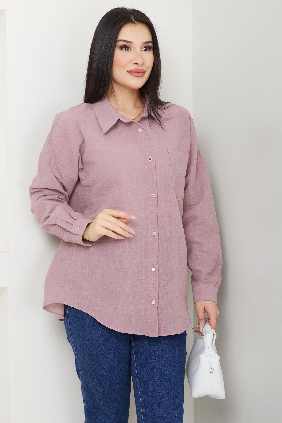 Cepli Oversize Keten Gömlek Pembe SS2651