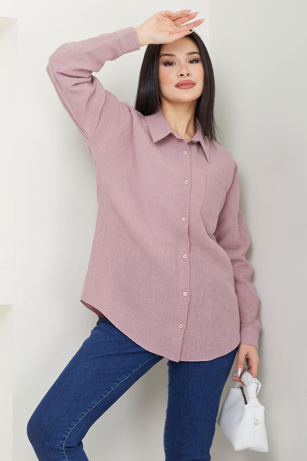 Cepli Oversize Keten Gömlek Pembe SS2651