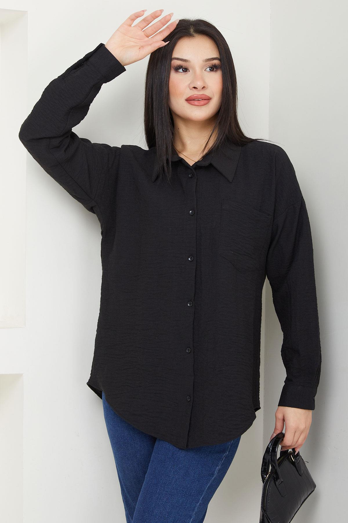Cepli Oversize Keten Gömlek Siyah SS2651